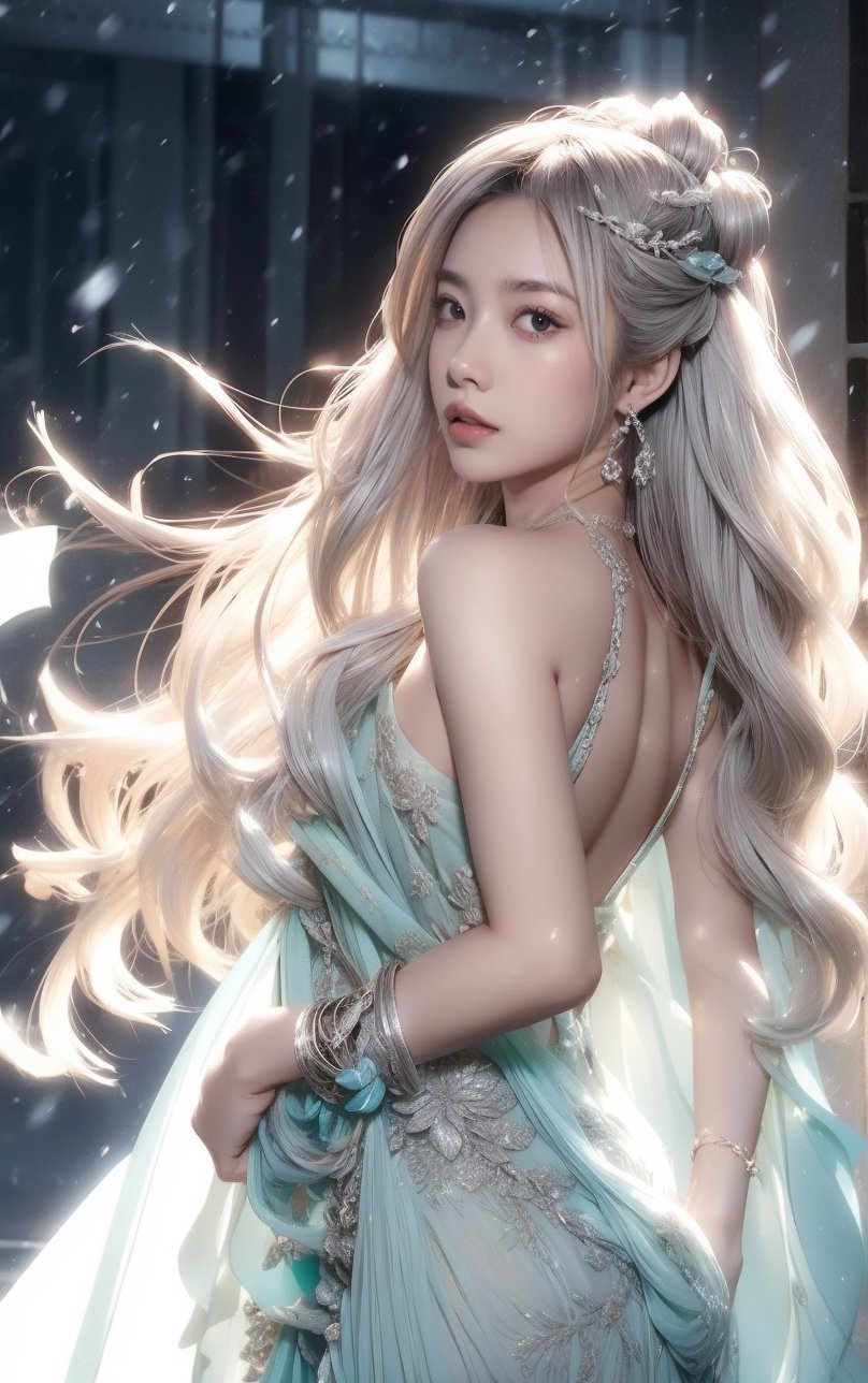 The background is midnight sky,big blue moon,dark night,snow blowing,16 yo, 1 girl,sword,halo,shining bracelet,beautiful hanfu(white, transparent),cape, cloth blowing in wind, solo, {beautiful and detailed eyes}, calm expression, natural and soft light, delicate facial features, cute japanese idol, very small earrings, ((model pose)), Glamor body type, (silver hair:1.2),  beehive,big bun,very_long_hair, hair past hip, curly hair, flim grain, realhands, masterpiece, Best Quality, photorealistic, ultra-detailed, finely detailed, high resolution, perfect dynamic composition, beautiful detailed eyes, eye smile, ((nervous and embarrassed)), sharp-focus, full_body, sexy pose,VIVI3