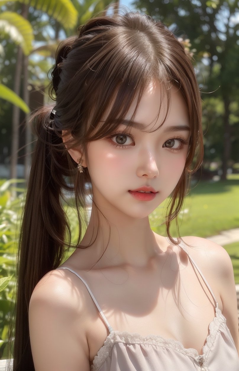 1girl, solo, sweet face, delicate face, white hair, very long hair, Hair longer than hips, Double ponytail hairstyle, looking at viewer, bangs, brown eyes, upper body, outdoors, hydrated lips, simple background, realistic,Love