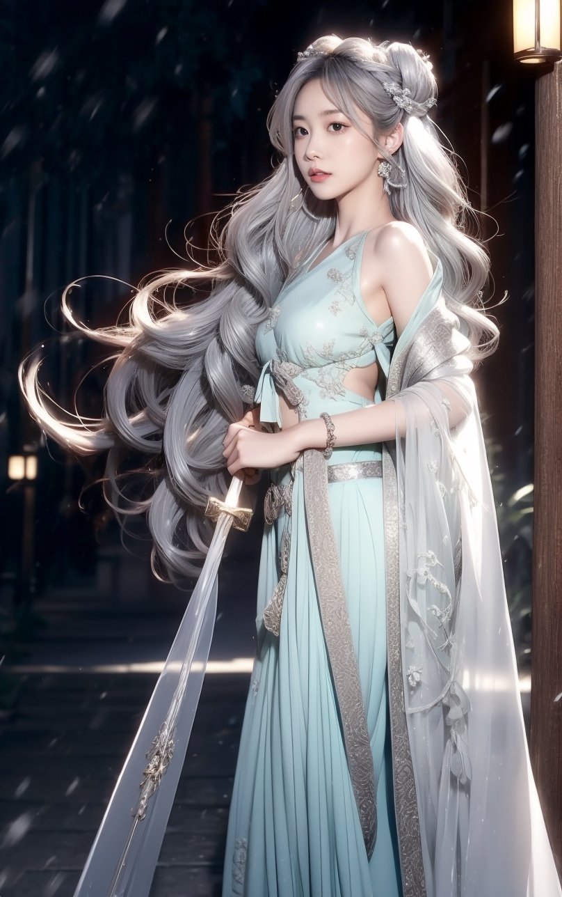 The background is midnight sky,big blue moon,dark night,snow blowing,16 yo, 1 girl,sword,halo,shining bracelet,beautiful hanfu(white, transparent),cape, cloth blowing in wind, solo, {beautiful and detailed eyes}, calm expression, natural and soft light, delicate facial features, cute japanese idol, very small earrings, ((model pose)), Glamor body type, (silver hair:1.2),  beehive,big bun,very_long_hair, hair past hip, curly hair, flim grain, realhands, masterpiece, Best Quality, photorealistic, ultra-detailed, finely detailed, high resolution, perfect dynamic composition, beautiful detailed eyes, eye smile, ((nervous and embarrassed)), sharp-focus, full_body, sexy pose,VIVI3