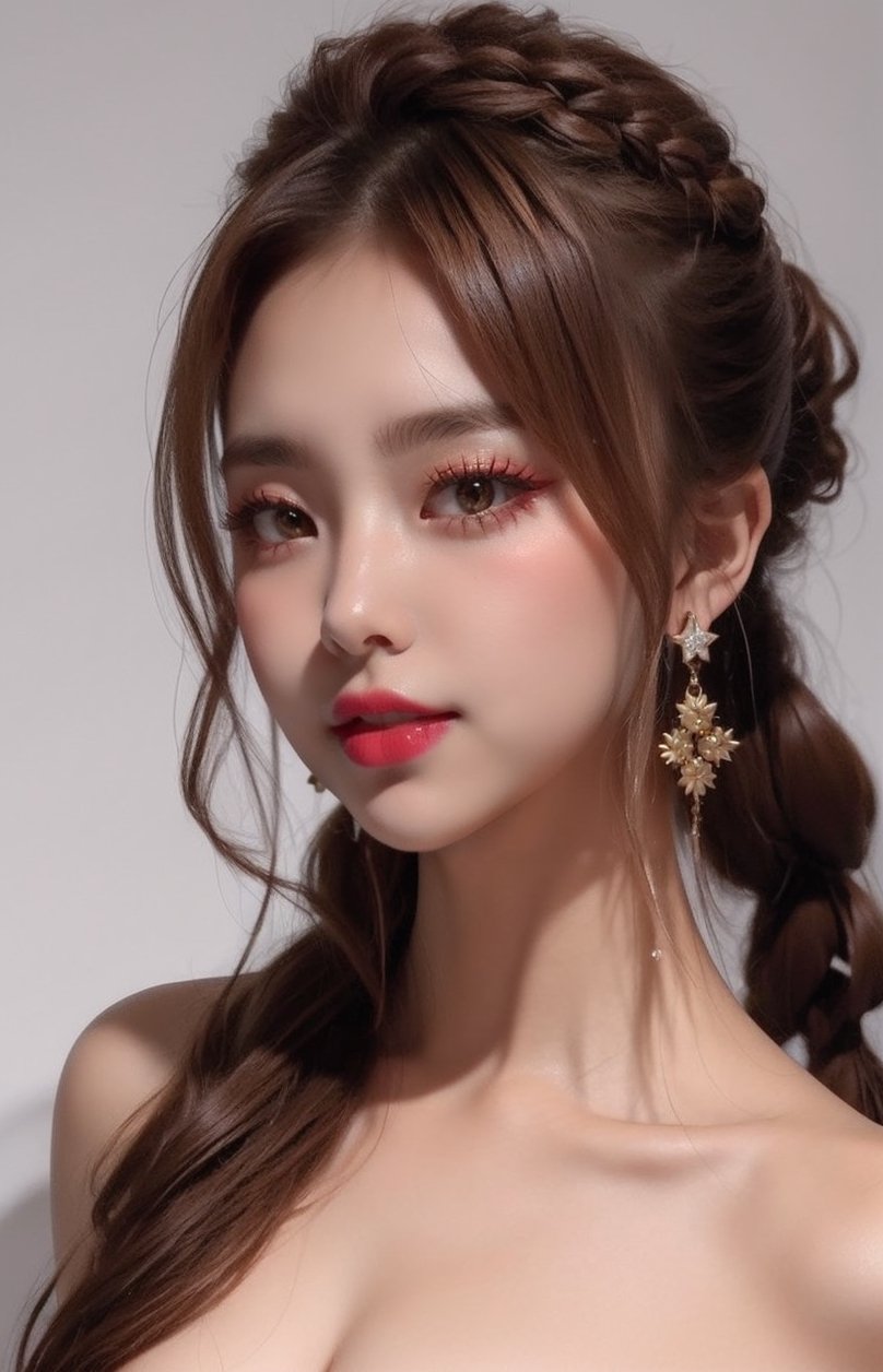 16K, 1girl, solo, long hair, looking at viewer, simple background, smile, closed mouth, brown hair, brown eyes, jewelry, earrings, lips, portrait, reality, braid, makeup, lipstick, bare shoulders, nude, Symmetrical ponytails,