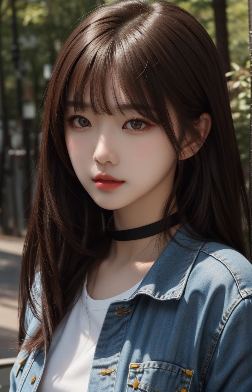 1girl, solo, sweet face, delicate face, white hair, long hair, looking at viewer, bangs, brown hair, brown eyes, upper body, outdoors, hydrated lips, simple background, black choker, denim, realistic, pretty