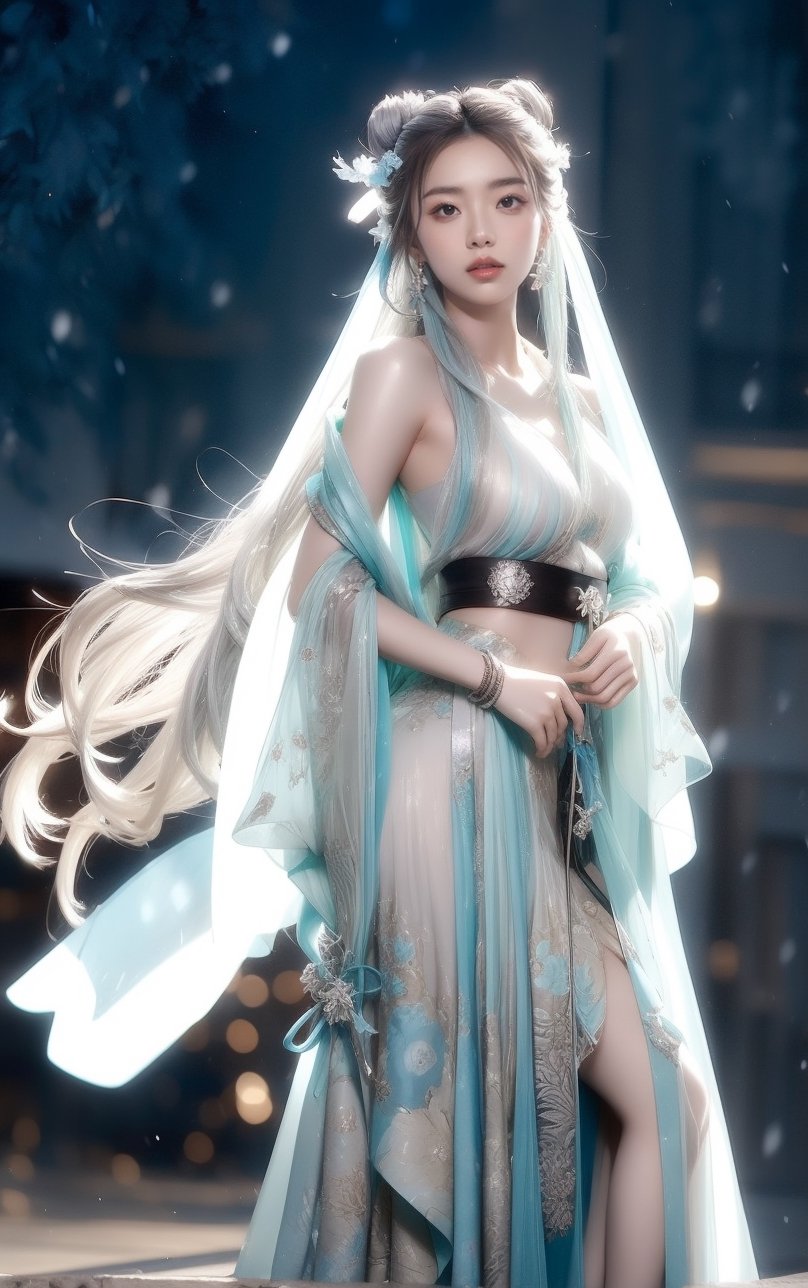 The background is midnight sky,big blue moon,dark night,snow blowing,16 yo, 1 girl,sword,halo,shining bracelet,beautiful hanfu(white, transparent),cape, cloth blowing in wind, solo, {beautiful and detailed eyes}, calm expression, natural and soft light, delicate facial features, cute japanese idol, very small earrings, ((model pose)), Glamor body type, (silver hair:1.2),  beehive,big bun,very_long_hair, hair past hip, curly hair, flim grain, realhands, masterpiece, Best Quality, photorealistic, ultra-detailed, finely detailed, high resolution, perfect dynamic composition, beautiful detailed eyes, eye smile, ((nervous and embarrassed)), sharp-focus, full_body, sexy pose,VIVI3