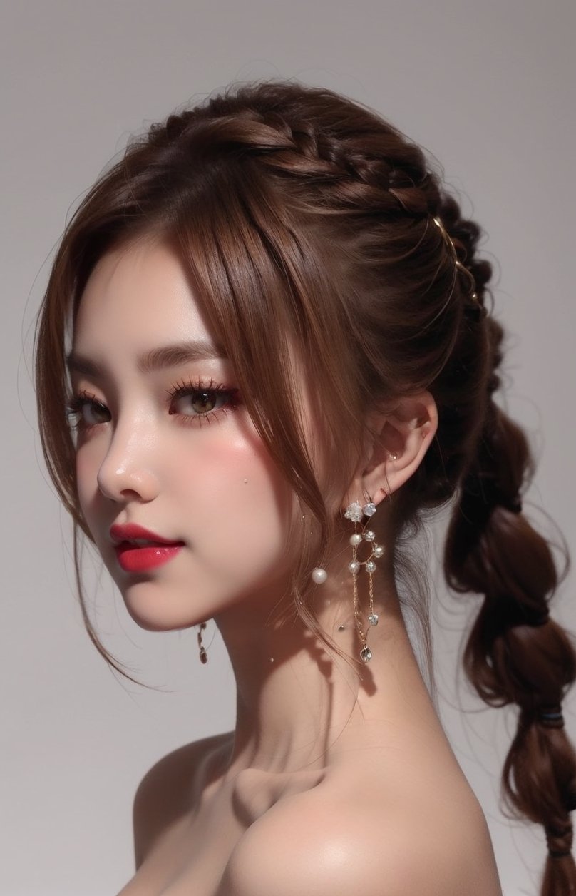 16K, 1girl, solo, long hair, looking at viewer, simple background, smile, closed mouth, brown hair, brown eyes, jewelry, earrings, lips, portrait, reality, braid, makeup, lipstick, bare shoulders, nude, Symmetrical ponytails,