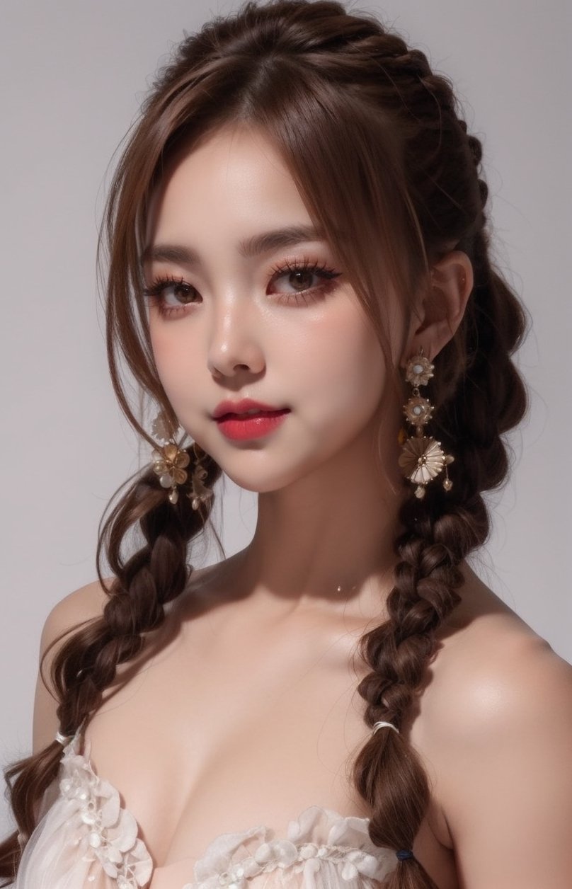 16K, 1girl, solo, long hair, looking at viewer, simple background, smile, closed mouth, brown hair, brown eyes, jewelry, earrings, lips, portrait, reality, braid, makeup, lipstick, bare shoulders, nude, Symmetrical ponytails,