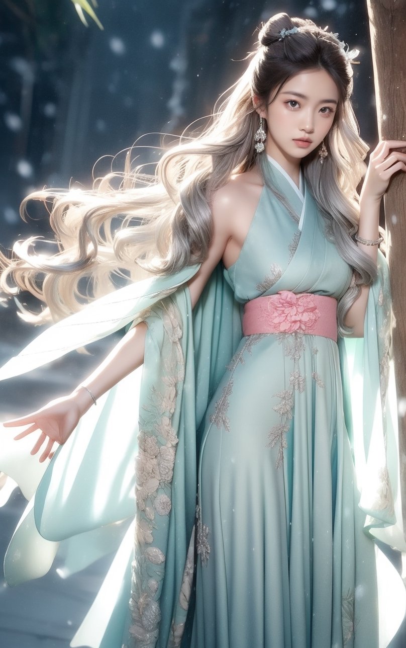 The background is midnight sky,big blue moon,dark night,snow blowing,16 yo, 1 girl,sword,halo,shining bracelet,beautiful hanfu(white, transparent),cape, cloth blowing in wind, solo, {beautiful and detailed eyes}, calm expression, natural and soft light, delicate facial features, cute japanese idol, very small earrings, ((model pose)), Glamor body type, (silver hair:1.2),  beehive,big bun,very_long_hair, hair past hip, curly hair, flim grain, realhands, masterpiece, Best Quality, photorealistic, ultra-detailed, finely detailed, high resolution, perfect dynamic composition, beautiful detailed eyes, eye smile, ((nervous and embarrassed)), sharp-focus, full_body, sexy pose,VIVI3