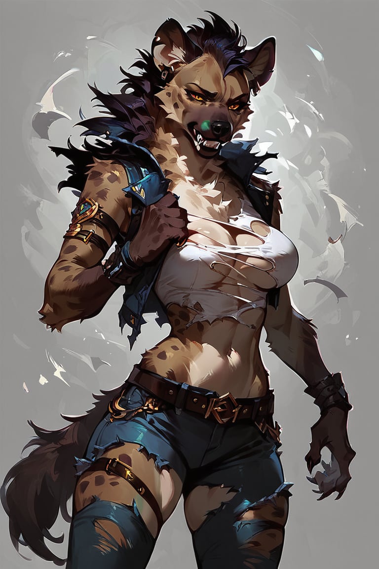 score_9, score_8_up, score_7_up, score_6_up, solo, hyena,female werehyena,torn clothes, concept art, Expressiveh,