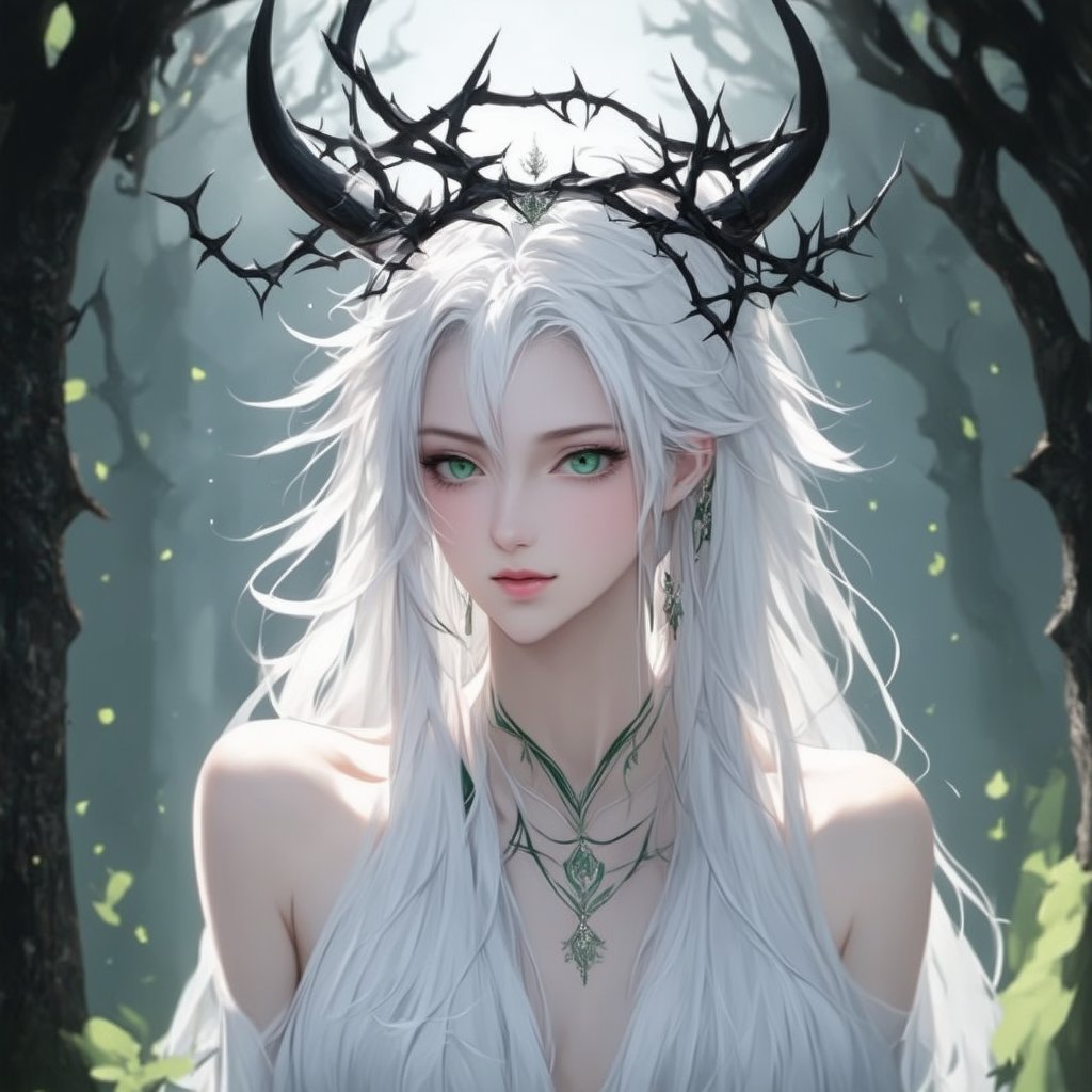 A single female figure, ethereal and otherworldly, stands in a mystical forest. Her pale skin glows softly under the moonlight, with delicate features and an intense gaze from emerald green eyes. A shock of white hair cascades down, intertwined with thorny black vines that seem to writhe and twist. Slender, sharply pointed black horns, resembling a crown of thorns, frame her face. The scene is illuminated by a soft, ethereal light, capturing her beauty in a close-up, portrait-style shot.