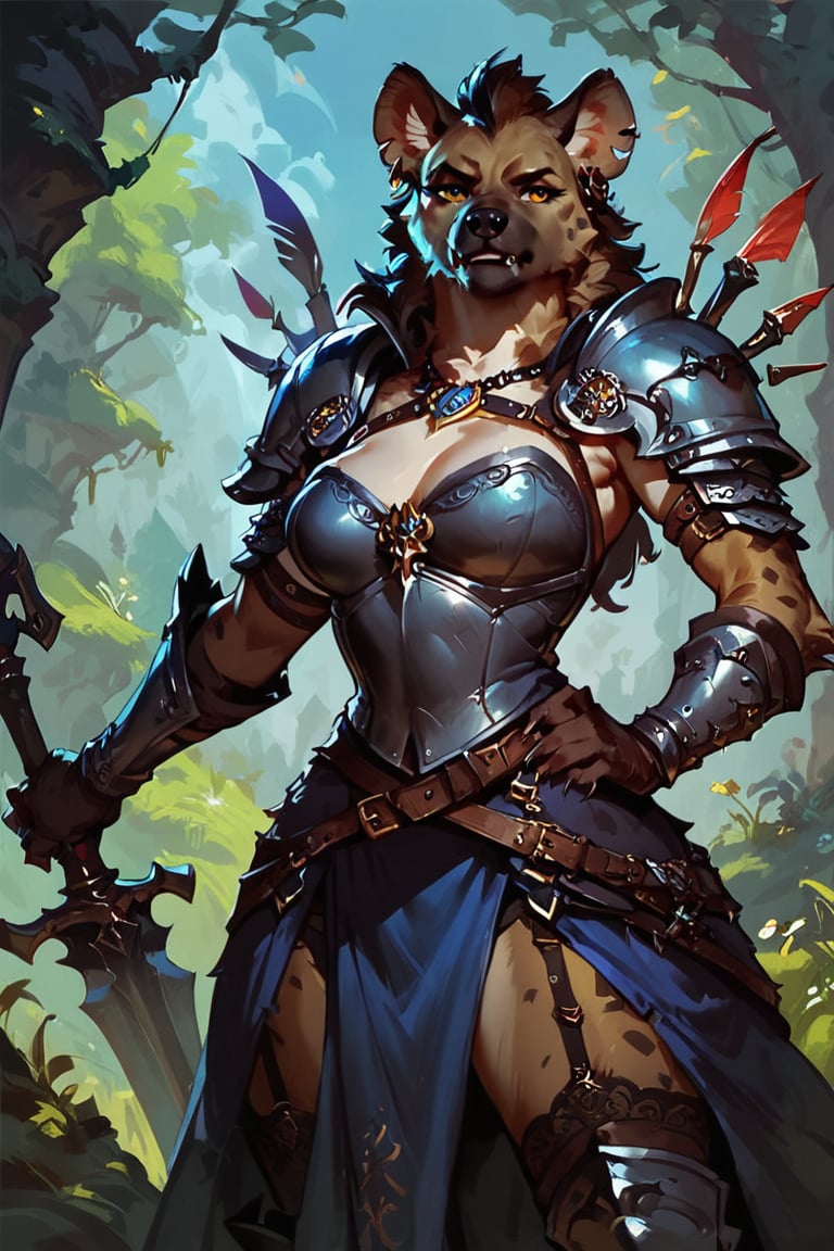 score_9, score_8_up, score_7_up, score_6_up,FANTASY, solo, hyena,female werehyena,medieval mercenary clothes,hold a weapon,concept art, Expressiveh,