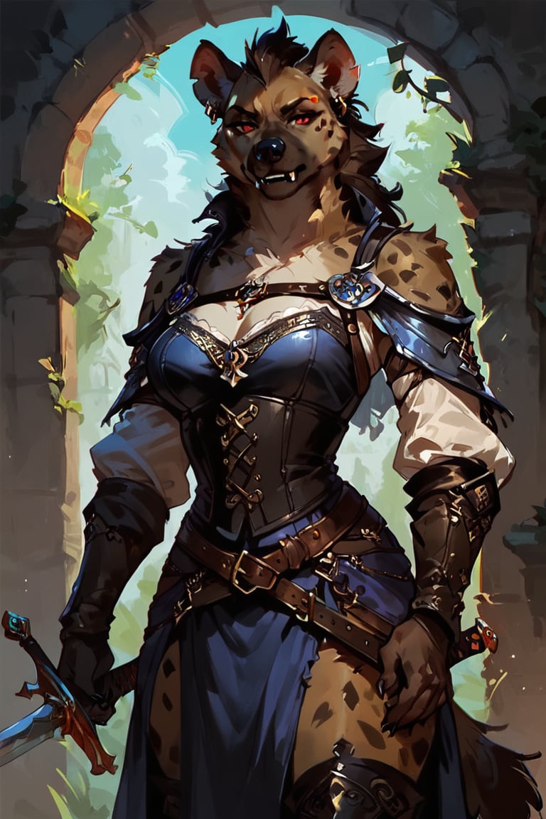 score_9, score_8_up, score_7_up, score_6_up,FANTASY, solo, hyena,female werehyena,medieval clothes,hold a sword,concept art, Expressiveh,