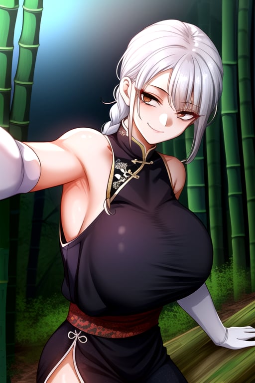 masterpiece, best quality, (solo:1.3),1girl, flexible,dnd,martial artist, monk,combat pose, big_boobies,,(in black and blue style:1.25),chinese dress,black long pants, sleeveless, bamboo forest background ,chinese forest,brown eyes,single braid,closed_mouth,obi,elbow_gloves, white_hair, smile,fog,