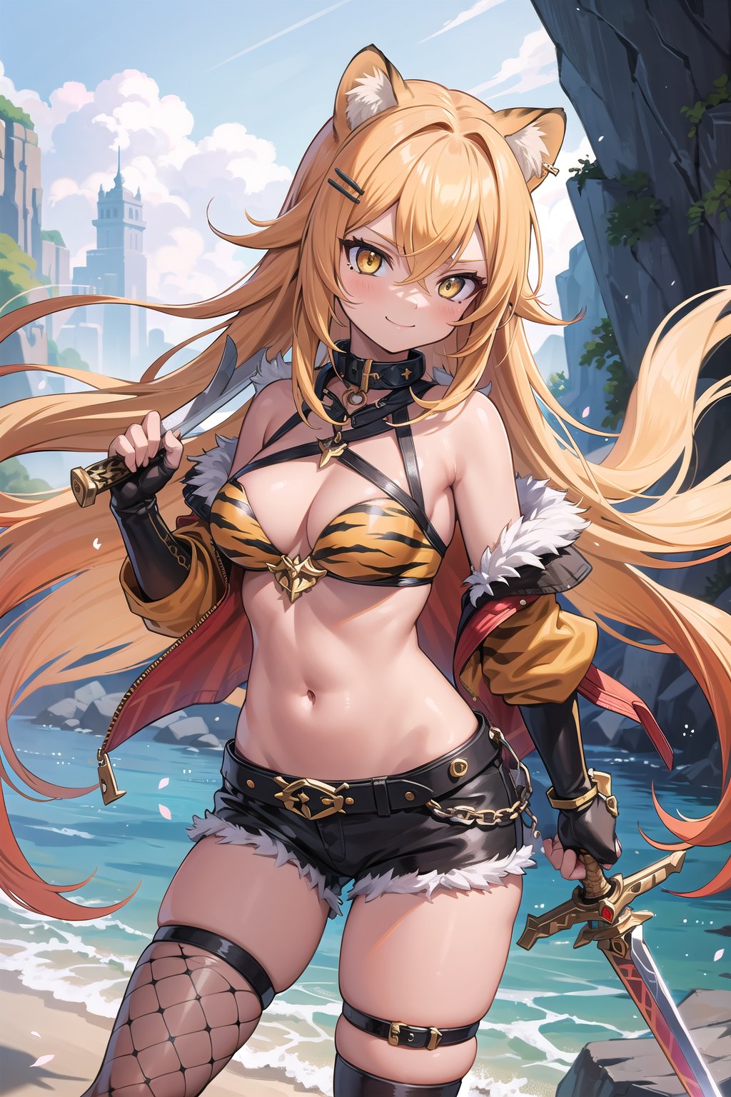 (masterpiece), fantasy,adventured,sword,1 girl, feline ears, gyaru, kogal, blonde hair, orange hair, yellow eyes, two-tone hair, dyed inner hair, very long hair, tan, tan skin, leopard print, red clothes, black and red warrior outfit, shoulder-length hair, open jacket, micro shorts, open collar, scrunchie, elbow-length gloves, gauntlets,((holds a sword)), (shoulder protection), loose collar, :q, fur trim, fishnet tights, hair clip , necklace, chain, thigh strap, mole under mouth, cutout, smile, teeth, dungeon, nature, action pose, tiger claws,dehya_genshin,