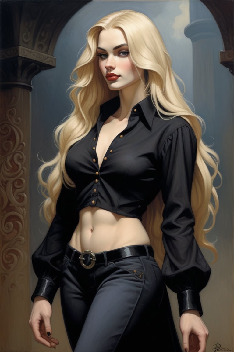 Gerald brom painting, long haired blonde beauty, perky pise, fancy unbuttoned black shirt, full body view