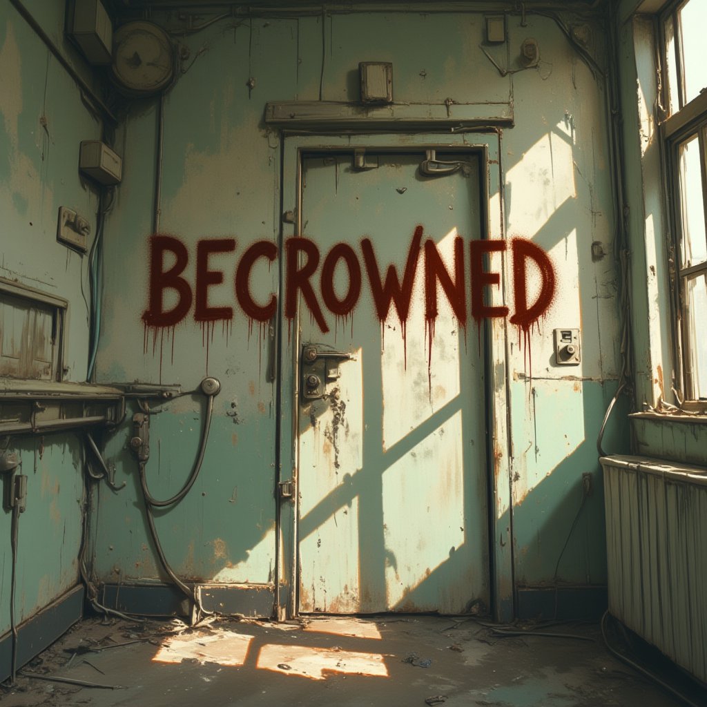 The word "BECROWNED" in gothic style, crudely scratched by dark red brown rusty color on an old hospital room door