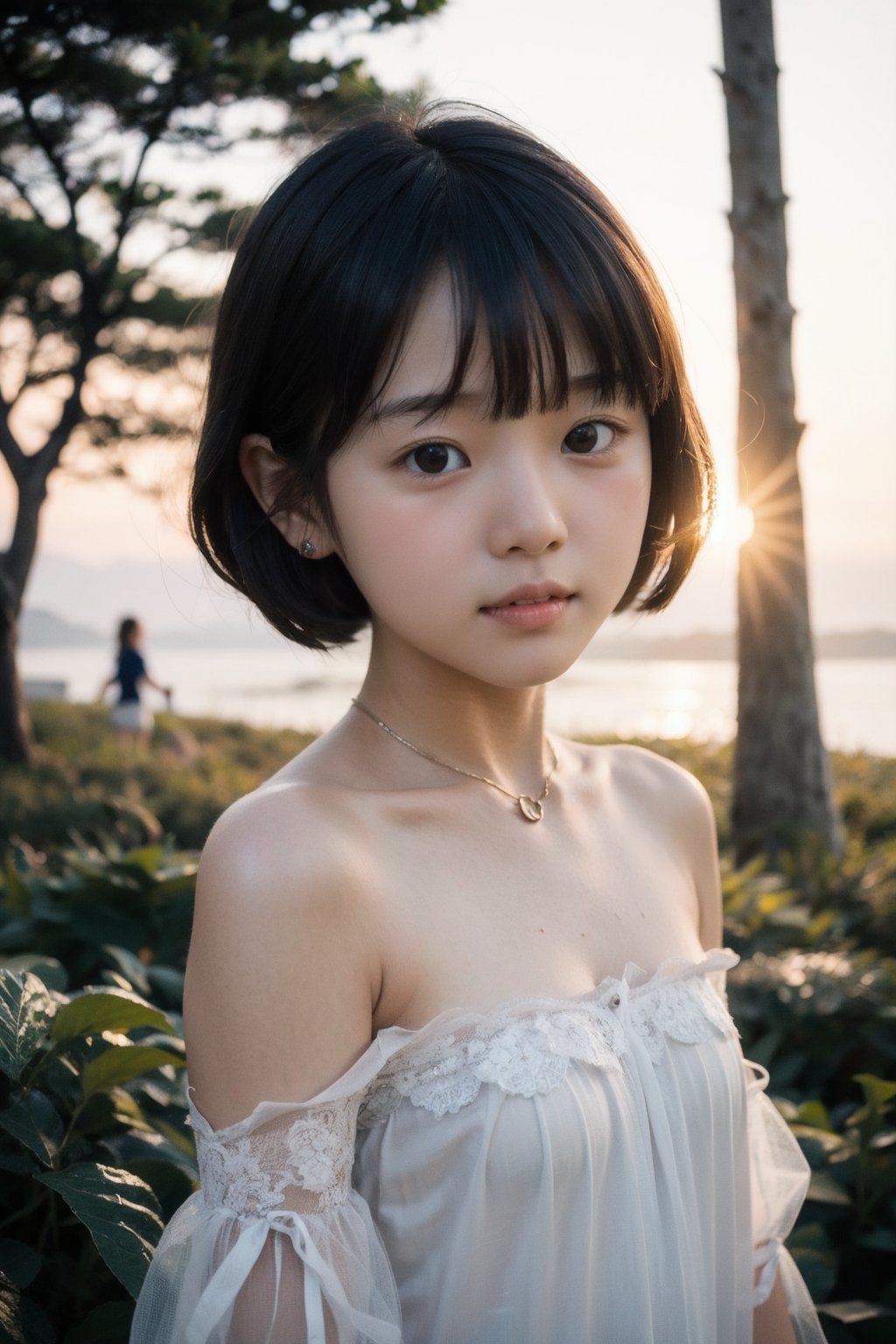 主：(Misty woods under sunset),(((face photo))),
人：1litte 1kid 7yo gril (Child:1.2), Korean beauty,
優：With a very high artistic composition style,Film photo texture,
髮：(((bangs))),(((short hair))),
服：Off-the-shoulder,Open collar sheer tulle,