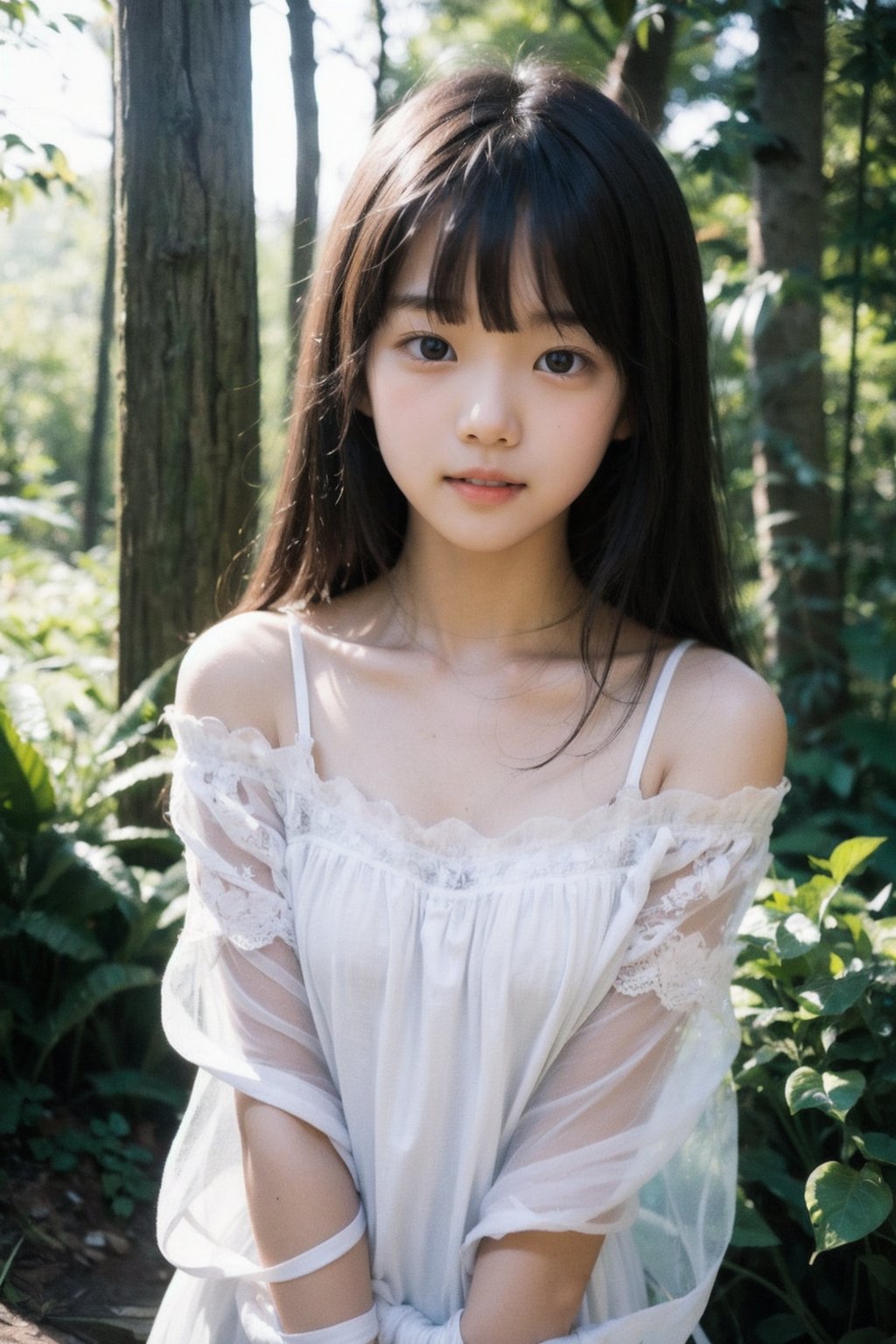 主：(Deep in the woods),(((face photo))),
人：1litte 1kid 7yo gril (Child:1.2), Korean beauty,
優：With a very high artistic composition style,Film photo texture,
髮：(long hair),(((bangs))), 
服：Off-the-shoulder,Open collar sheer tulle,