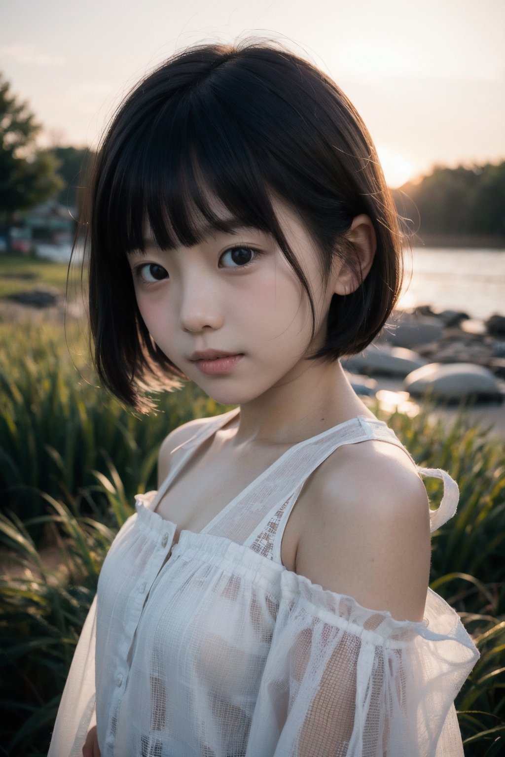 主：(Misty woods under sunset),(((face photo))),
人：1litte 1kid 7yo gril (Child:1.2), Korean beauty,
優：With a very high artistic composition style,Film photo texture,
髮：(((bangs))),(((short hair))),
服：Off-the-shoulder,Open collar sheer tulle,