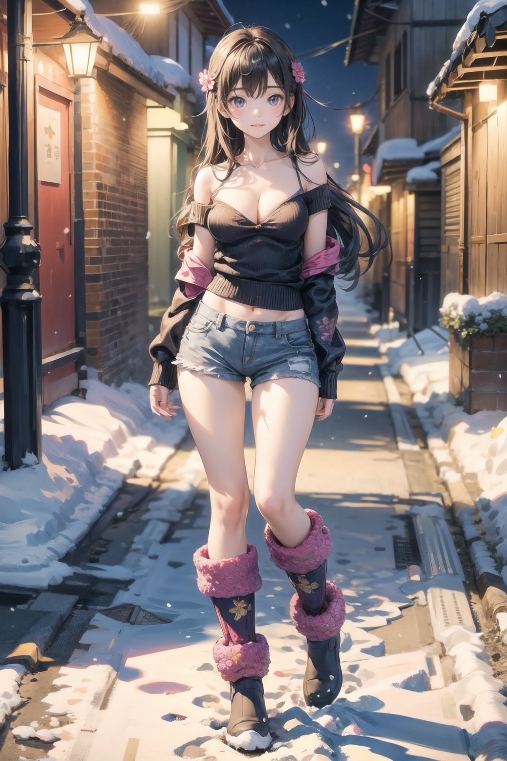 主：(In the alley at night),(((Full body image))),
人：1litte 1kid 7yo gril (Child:1.2),
體：(Beautiful little girly body proportions),(smaller body frame),(Obvious crotch and vaginal shape),
髮：(Long straight hair),
服：(((Off-the-shoulder))),(deep V neckline),(((cleavage))),(Damaged style),
服：(((Low-cut collarless and sleeveless sweater with floral pattern))),(((Sheer sleeveless sweater))),(((deep V low neckline))),(very short denim hot pants),(((snow boots))),