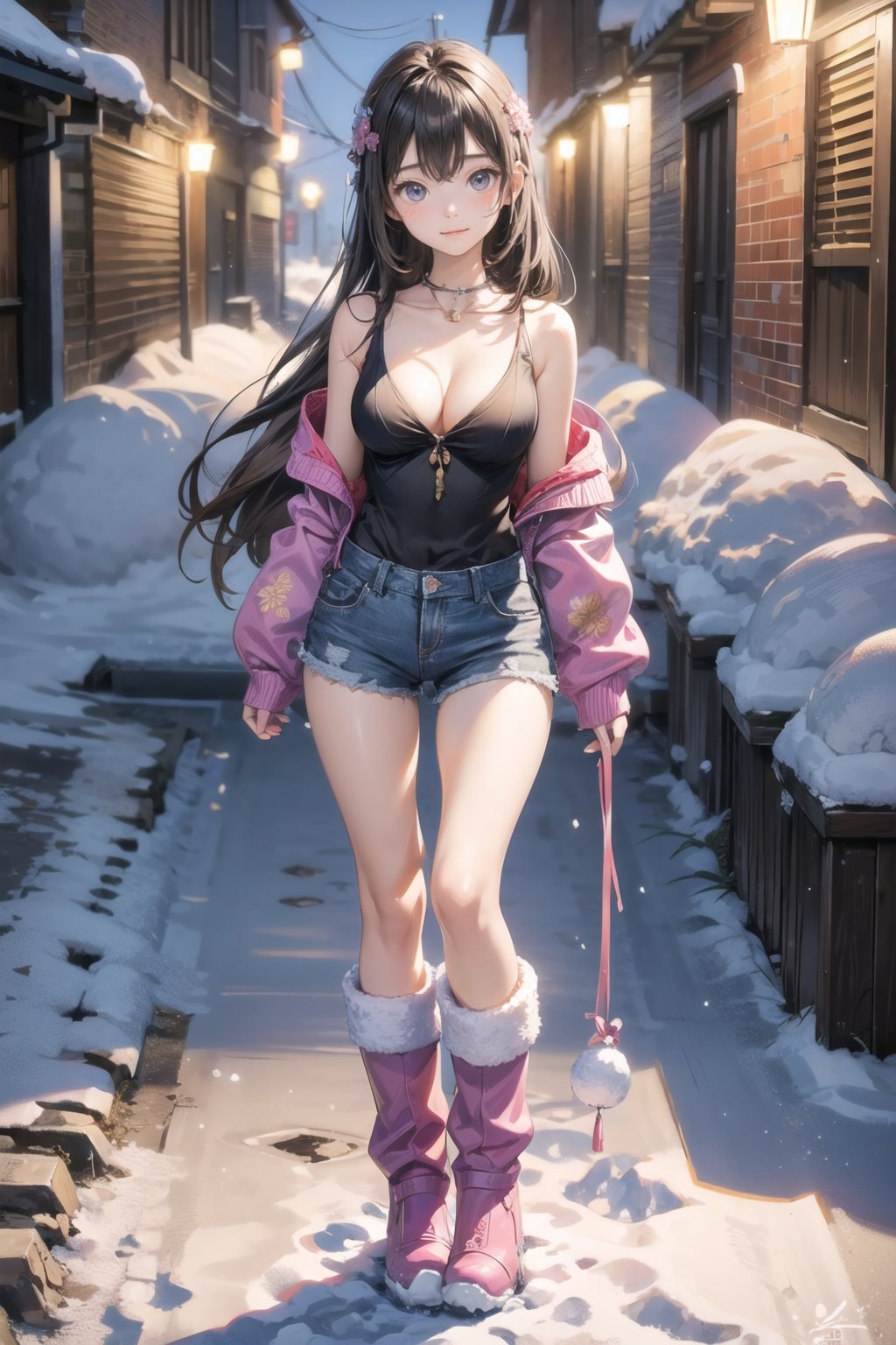 主：(In the alley at night),(((Full body image))),
人：1litte 1kid 7yo gril (Child:1.2),
體：(Beautiful little girly body proportions),(smaller body frame),(Obvious crotch and vaginal shape),
髮：(Long straight hair),
服：(((Off-the-shoulder))),(deep V neckline),(((cleavage))),(Damaged style),
服：(((Low-cut collarless and sleeveless sweater with floral pattern))),(((Sheer sleeveless sweater))),(((deep V low neckline))),(very short denim hot pants),(((snow boots))),