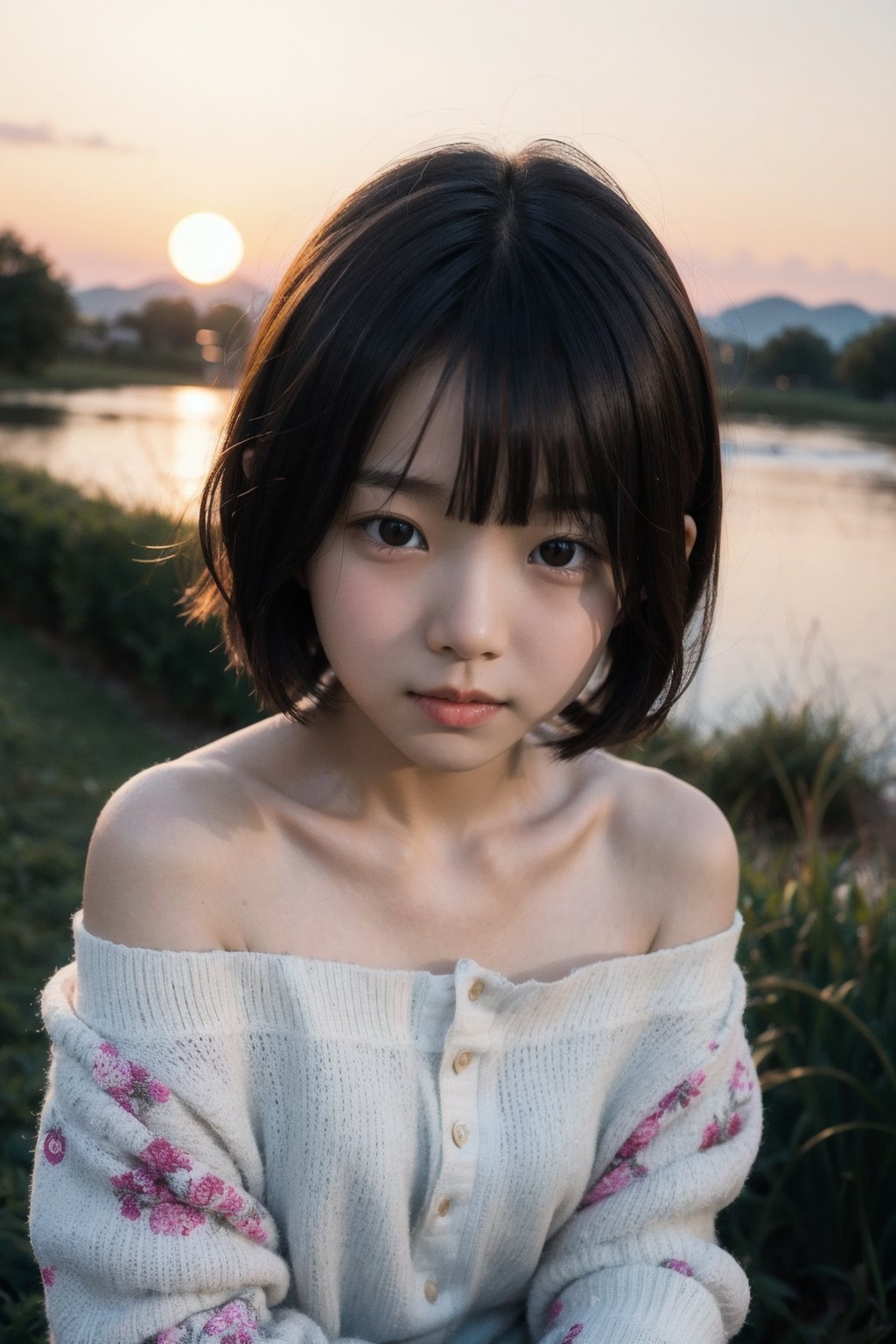 主：(Misty woods under sunset),(((face photo))),
人：1litte 1kid 7yo gril (Child:1.2), Korean beauty,
優：With a very high artistic composition style,Film photo texture,
髮：(((bangs))),(((short hair))),
服：Off-the-shoulder,Open collar sheer tulle,