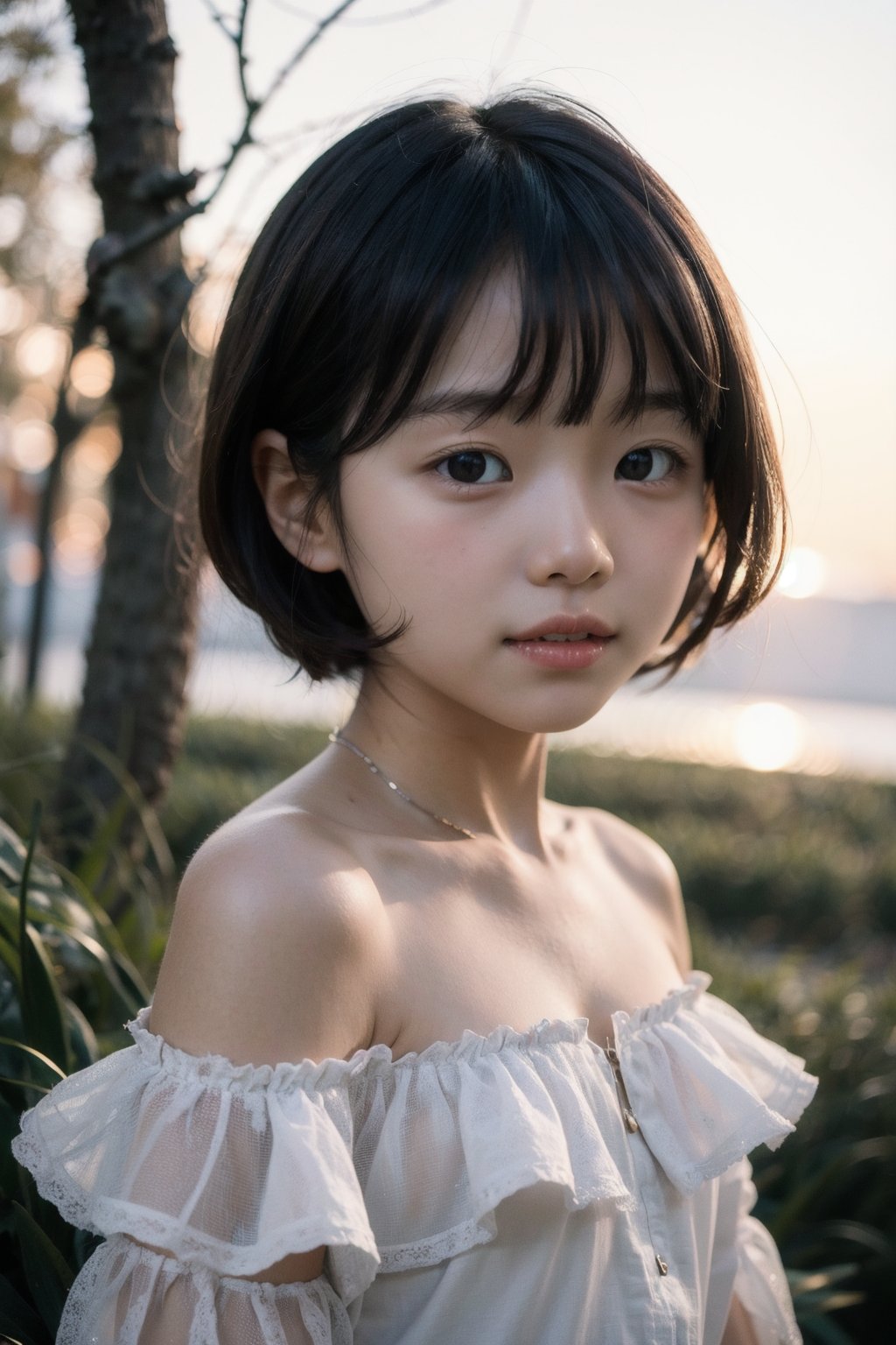 主：(Misty woods under sunset),(((face photo))),
人：1litte 1kid 7yo gril (Child:1.2), Korean beauty,
優：With a very high artistic composition style,Film photo texture,
髮：(((bangs))),(((short hair))),
服：Off-the-shoulder,Open collar sheer tulle,