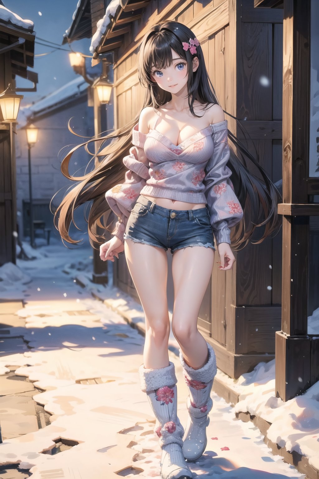 主：(In the alley at night),(((Full body image))),
人：1litte 1kid 7yo gril (Child:1.2),
體：(Beautiful little girly body proportions),(smaller body frame),(Obvious crotch and vaginal shape),
髮：(Long straight hair),
服：(((Off-the-shoulder))),(deep V neckline),(((cleavage))),(Damaged style),
服：(((Low-cut collarless and sleeveless sweater with floral pattern))),(((Sheer sleeveless sweater))),(((deep V low neckline))),(very short denim hot pants),(((snow boots))),