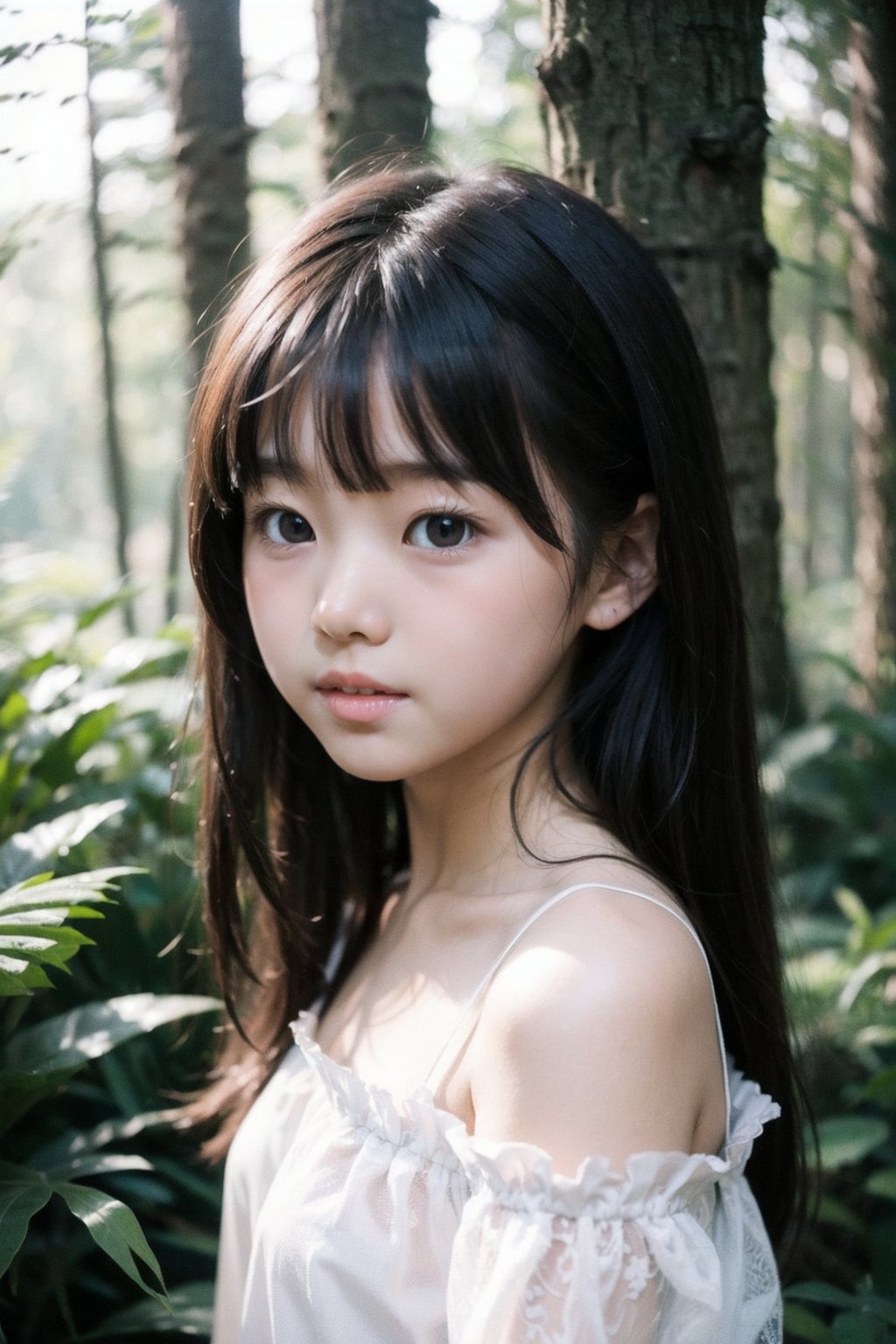 主：(Deep in the woods),(((face photo))),
人：1litte 1kid 7yo gril (Child:1.2), Korean beauty,
優：With a very high artistic composition style,Film photo texture,
髮：(long hair),(((bangs))), 
服：Off-the-shoulder,Open collar sheer tulle,