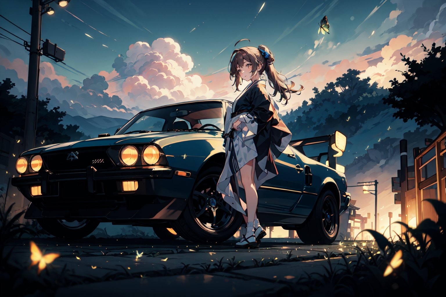 Japanese girl in front of a 90's Japanese sports car with a sunset road background,firefliesfireflies,sangonomiya kokomi (sparkling coralbone)