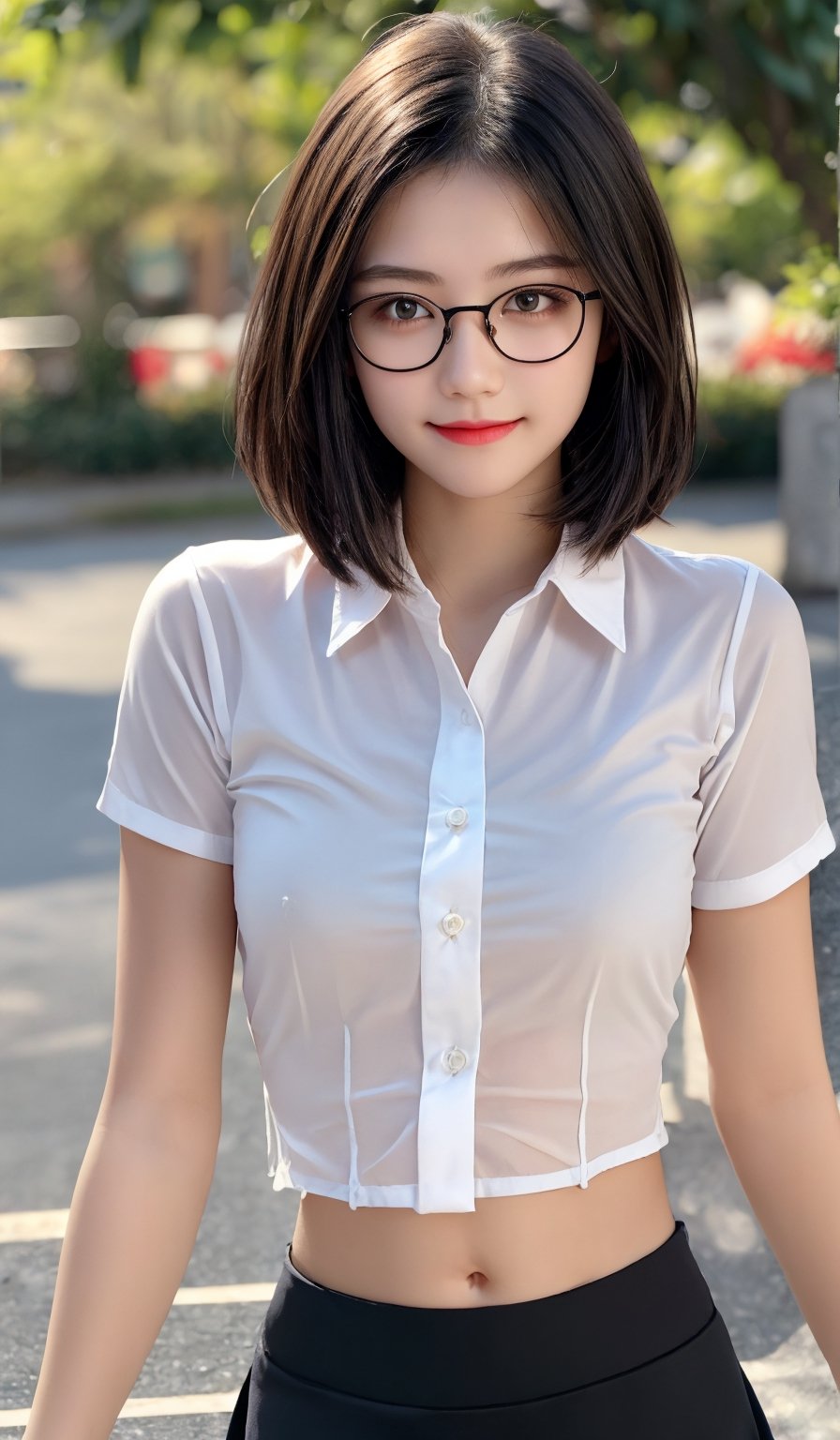 4k,best quality,masterpiece,20yo 1girl, 
(Beautiful and detailed eyes),
Detailed face, detailed eyes, double eyelids ,thin face, real hands, muscular fit body, semi visible abs,short hair, ((short straight hair:1.5)), black hair, chromatic_background, inside  coffe shop_background, sunlit ,(bokeh),
real person, color splash style photo,
,girlvn
(white shirt, see-through, white short skirt, cameltoe, bored face, lazy smile, thin rimmed eyeglasses, full body shots)