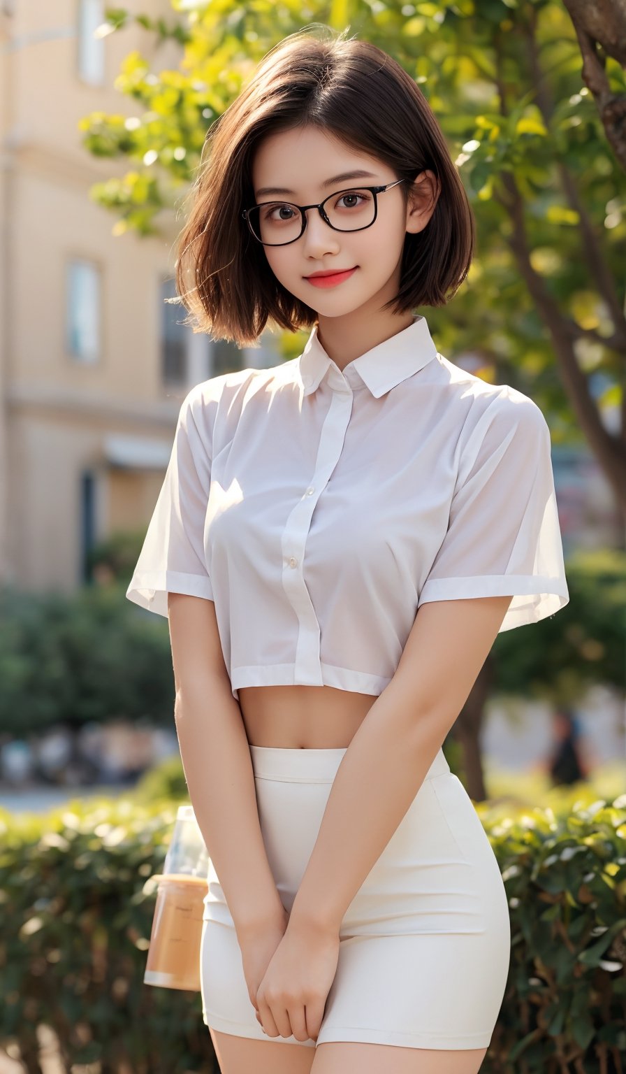 4k,best quality,masterpiece,20yo 1girl, 
(Beautiful and detailed eyes),
Detailed face, detailed eyes, double eyelids ,thin face, real hands, muscular fit body, semi visible abs,short hair, ((short straight hair:1.5)), black hair, chromatic_background, coffe_background, sunlit ,(bokeh),
real person, color splash style photo,
,girlvn
(white shirt, see-through, white short skirt, cameltoe, bored face, lazy smile, thin rimmed eyeglasses, full body shots)