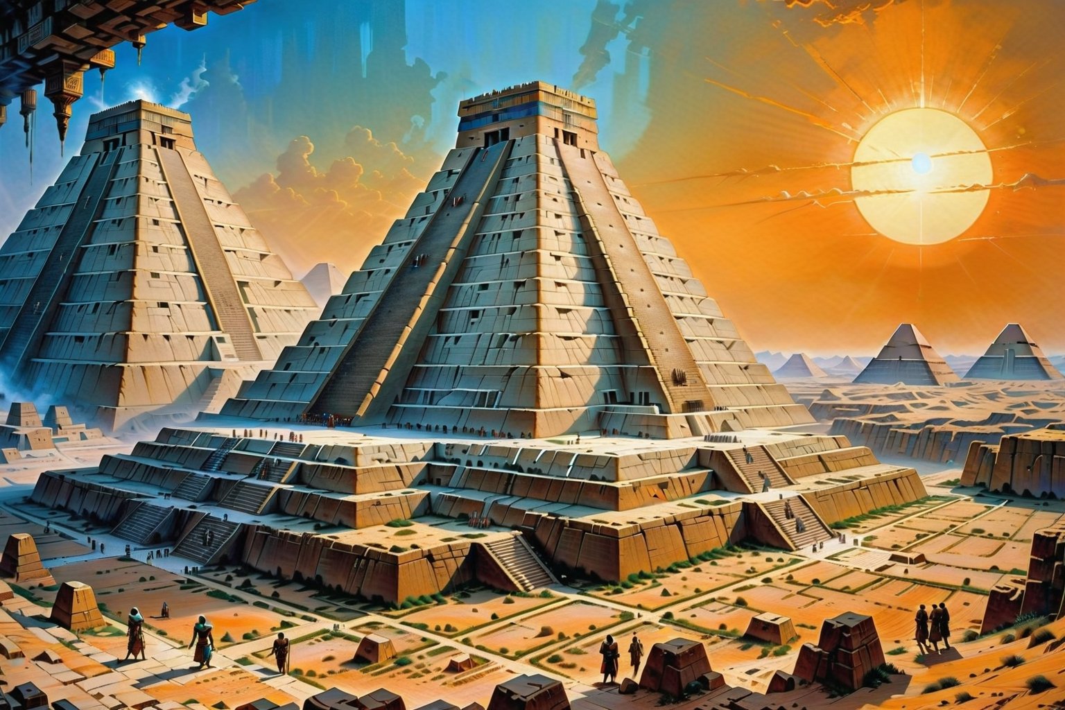 gigantic, mesopotamian, fortress ziggurat made of white marble, massive, desert, hazy, wide shot, isometric view, masterpiece, high_resolution,matte painting,Building_Egyptian,DonMC3l3st14l3xpl0r3rsXL,portrait,egyptTech,painted world,more detail XL,digital artwork by Beksinski,shadowrun_character