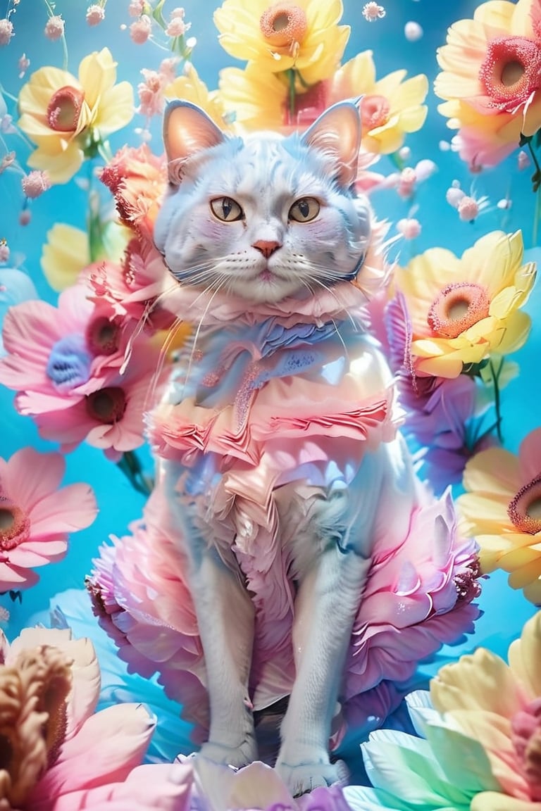 A anthropomorphic cat, beautiful, wearing an off the shoulder top and denim shorts ,with large colorful flowers on a background of giant pastel colored flower petals, perfect body shape, cute pose, bright light blue sky, photorealistic portraits in the style of giant pastel colored flower petals, light purple green pink yellow colors, solid color backgrounds, hyper realistic photography, romantic charm, cute cartoonish designs