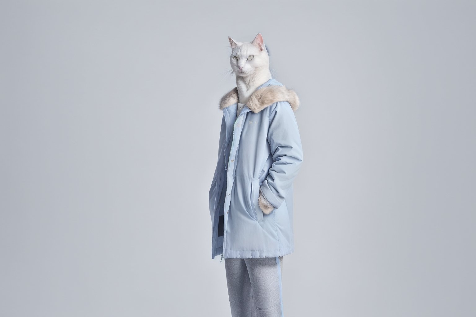 An anthropomorphic white cat, wearing a down jacket and sweatpants, sneakers,multi layered design clothing, with a clear face and long hair shaped like a shoulder length wool hat, wearing a fur coat with a hood against a light blue background,a full body photo,  