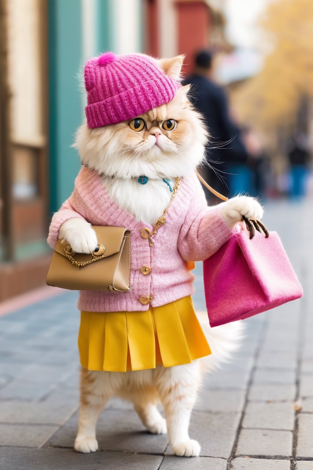 An anthropomorphic Persian cat, dressing in cute , wearing fashionable retro style ,  walking on the street with small bags hanging from its neck. It has white and orange fur and big eyes, wearing pink skirt, a yellow sweater , a hat made of felt fabric. The photo has a cute pose, standing posture and is a super realistic, full body. The photography has high definition.Head to body ratio 1:8