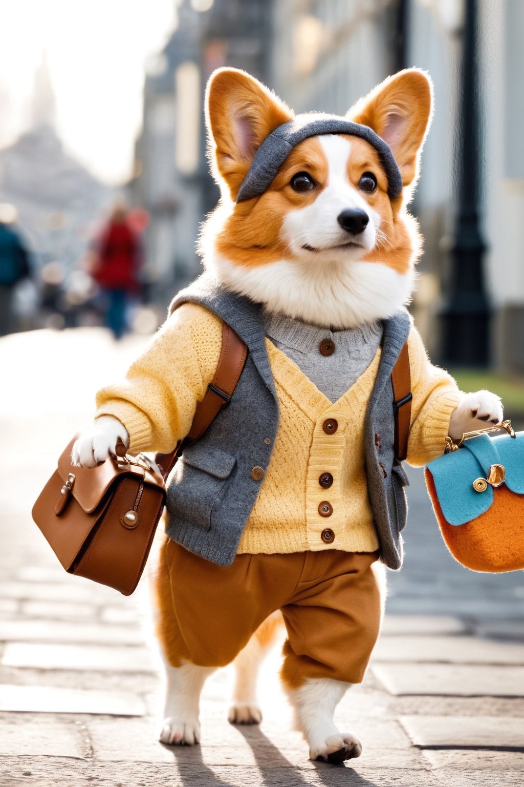 An anthropomorphic Corgi, dressing in cute , wearing fashionable retro style , is walking on the street with small bags hanging from its neck. It has orange fur and big eyes, wearing brown pants, a yellow sweater with gray patterned buttons, a hat made of felt fabric, a handbag and backpack. The photo has a cute pose, standing posture and is a super realistic, full body shot with cinematic light effects and depth of field. The photography has high definition.Perfect head to body ratio