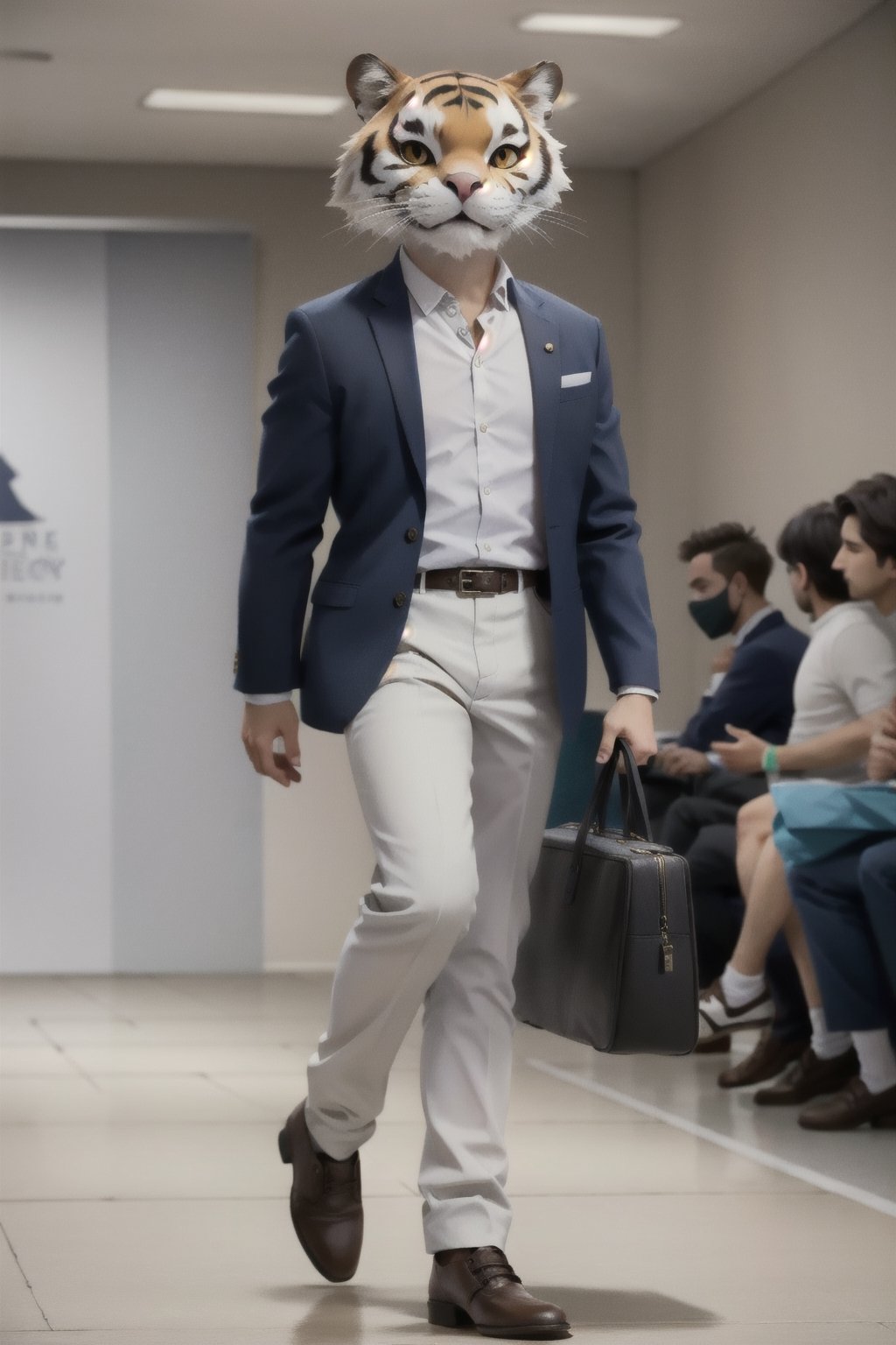 A anthropomorphic tiger, dignified and majestic,walking on the runway in a fashion show, wearing a  fashion suit and leather shoes, with a white shirt, a black and handbag. A full body shot of the cat from the front view, in the style of anime. The rendering was done with Unreal Engine at best quality.