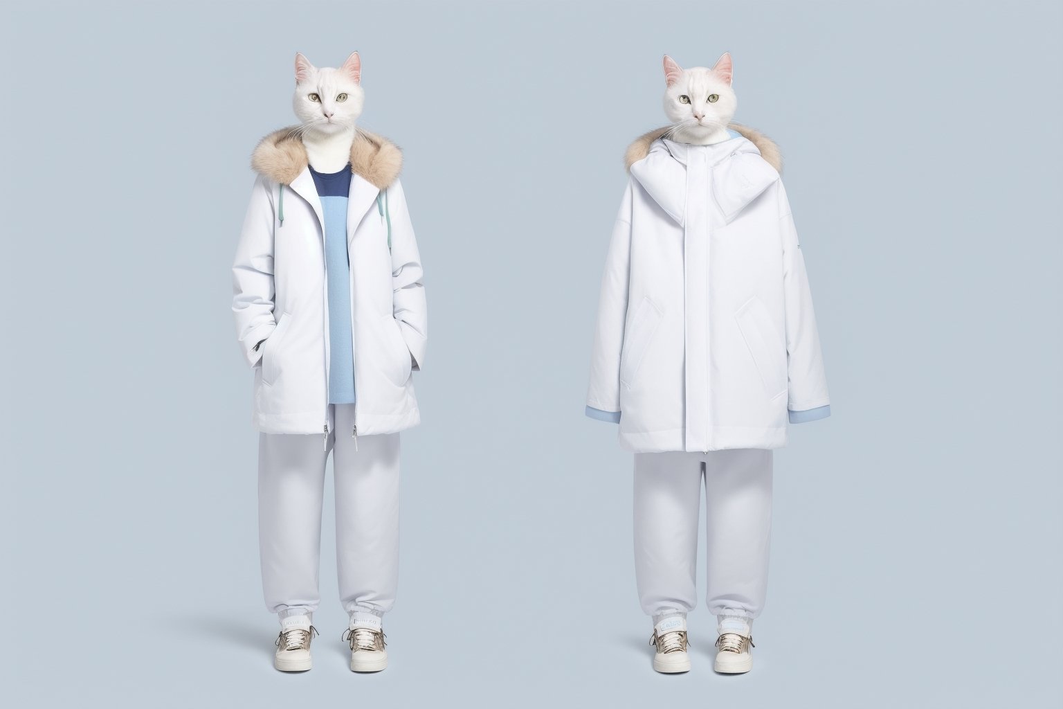 An anthropomorphic white cat, wearing a down jacket and sweatpants, sneakers, with a clear face and long hair shaped like a shoulder length wool hat, wearing a fur coat with a hood against a light blue background,a full body photo,  