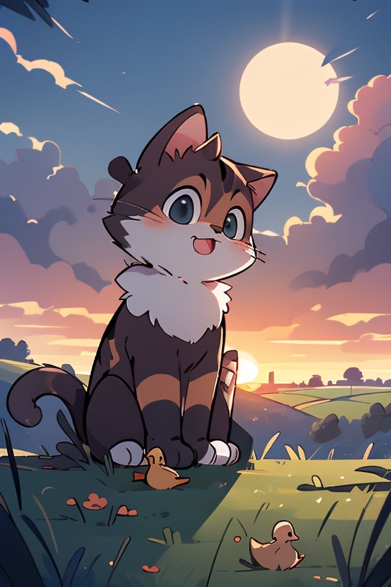 ((masterpiece,best quality)), cinematic composition, In the peaceful countryside,The sun slowly rises in the morning, one cat play with one duck,Mid shot,Side face,hmochako,dr24jab,