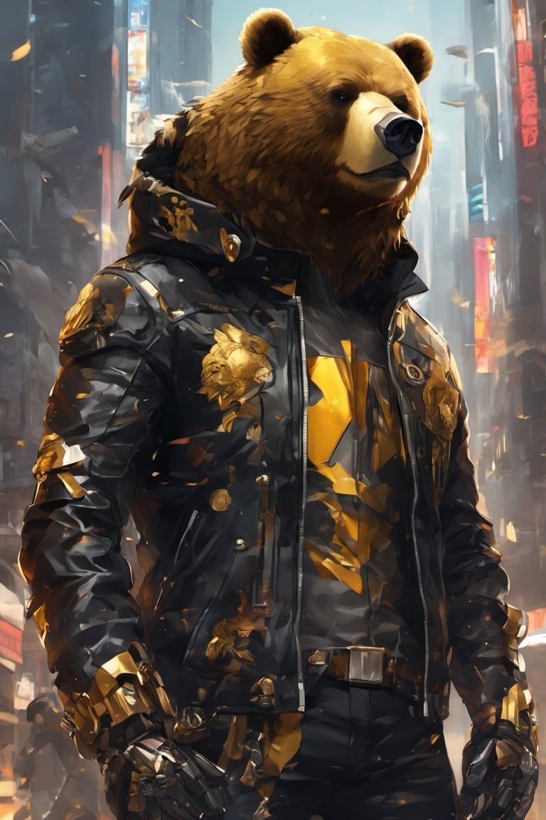 a antropomorphic bear wearing a leather jacket,dal,dark anime,Golden Warrior Mecha,Eimi,shards