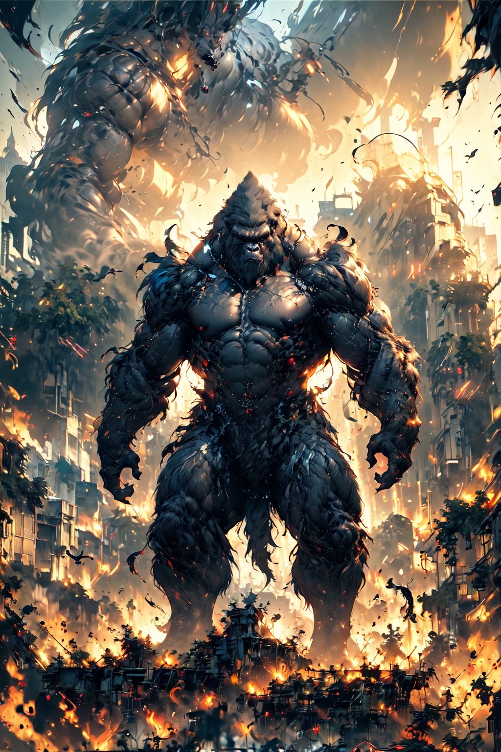 (Masterpiece:1.5), (Best quality:1.5), Cyberpunk style, full body, A towering King Kong, amidst a ruined city, bellows in fury. The massive creature, its fur a shimmering silver, muscles rippling beneath its majestic form, stands as a symbol of primal power and untamed beauty. This remarkable image is a digitally enhanced photograph, capturing every intricate detail with stunning clarity and depth. The backdrop of crumbling buildings and twisted metal only serves to enhance the gorilla's imposing presence, making it a truly unforgettable sight. With each pixel meticulously crafted, this image exudes a sense of awe and wonder, leaving viewers breathless in the face of such magnificence, King Kong,Magic Forest,no_humans,mechadinov1,naked,DonM4lbum1n