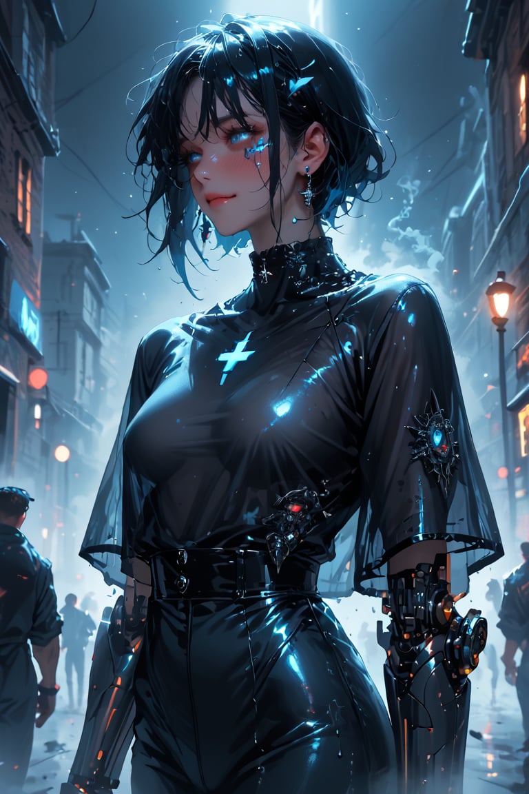 Midnight alleyway bathed in dim neon light, foggy atmosphere filled with cigarette smoke and shattered glass. A female gothic cyborg stands tall, mechanical limbs glistening under blue circuitry glow. Flickering streetlights cast an eerie haze on wet pavement as her piercing gaze cuts through darkness, cyberpunk warrior's defiant pose illuminated by the city's gritty pulse.