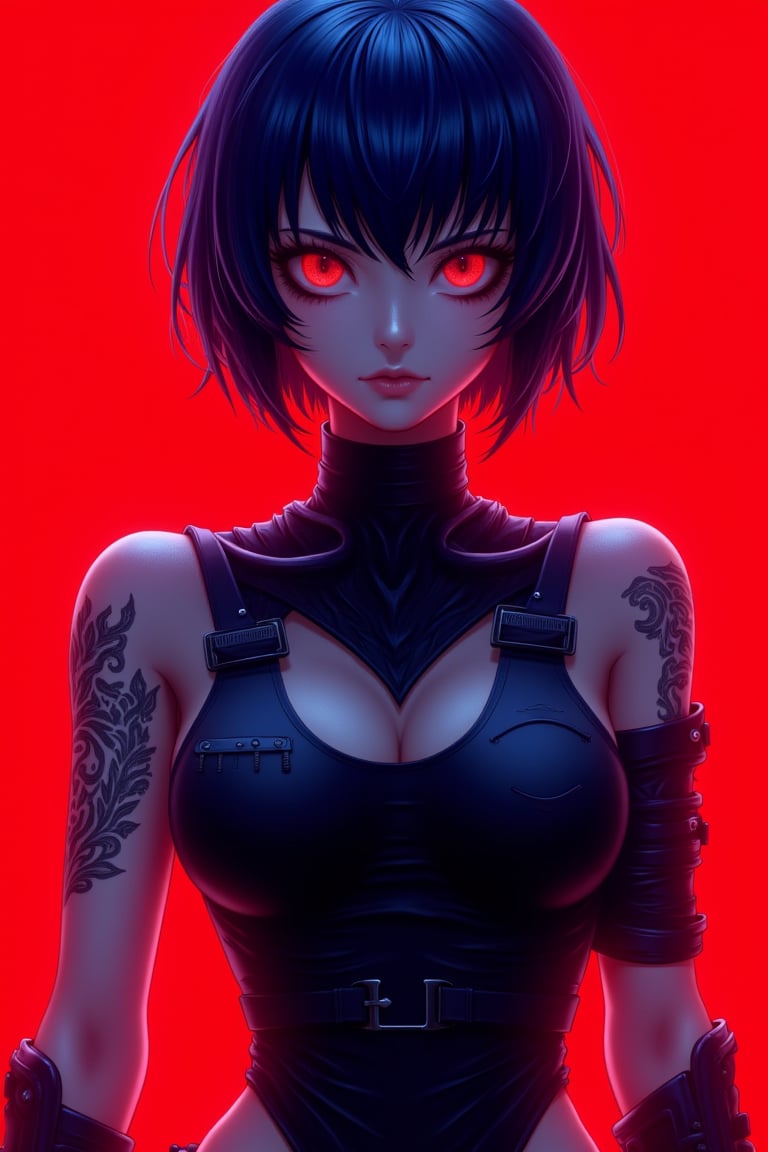 A anime close-up portrait of a woman with short, dark blue hair styled in a bob. She stands confidently, showcasing her muscular arms, with visible tattoos wrapping around them. Her tight, dark tactical outfit accentuates her athletic figure. The background is complete red, Soft lighting illuminates her face and upper body, creating a subtle blue and violet glow that adds a futuristic touch. The overall composition is balanced, with fine details on her tattoos and outfit.