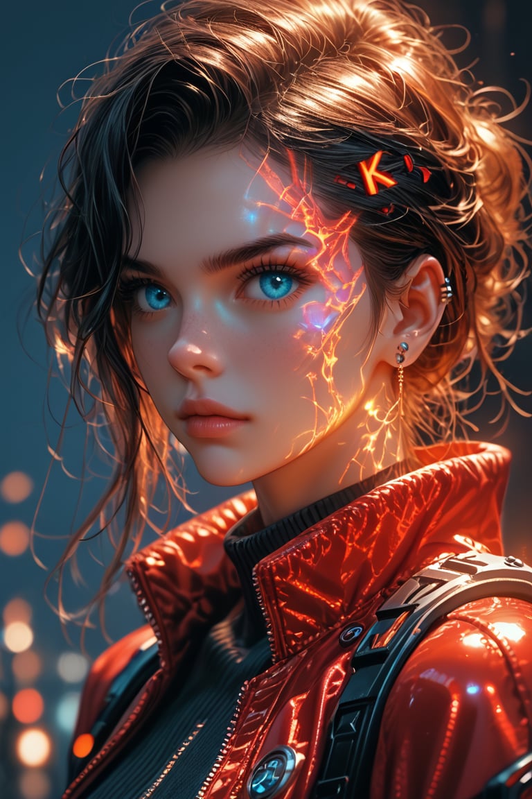 Create a detailed, high-resolution image of a futuristic, cyberpunk-inspired female character. She should have a blend of human and robotic features, with advanced cybernetic arms and other visible technological enhancements. She is wearing a stylish, form-fitting outfit with a high contrast of colors, like a bright red jacket and sleek, glossy black pants. The setting is bright and well-lit, emphasizing the details and textures of her outfit and cybernetic parts. The character has a confident, fierce expression, with piercing blue eyes that reflect her advanced nature