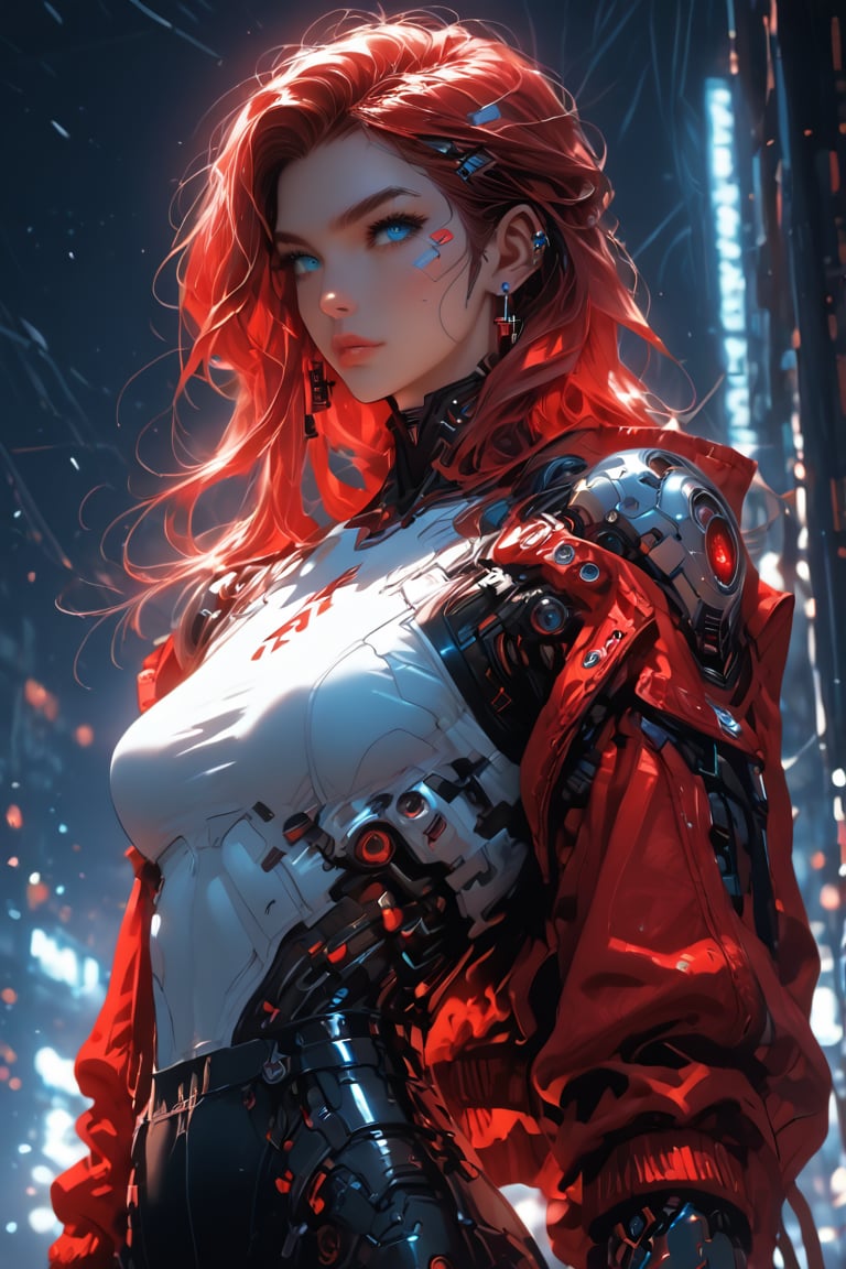  A detailed, high-resolution image of a futuristic, cyberpunk-inspired female character. She should have a blend of human and robotic features, with advanced cybernetic arms and other visible technological enhancements. She is wearing a stylish, form-fitting outfit with a high contrast of colors, like a bright red jacket and sleek, glossy black pants. The setting is bright and well-lit, emphasizing the details and textures of her outfit and cybernetic parts. The character has a confident, fierce expression, with piercing blue eyes that reflect her advanced nature,full_body