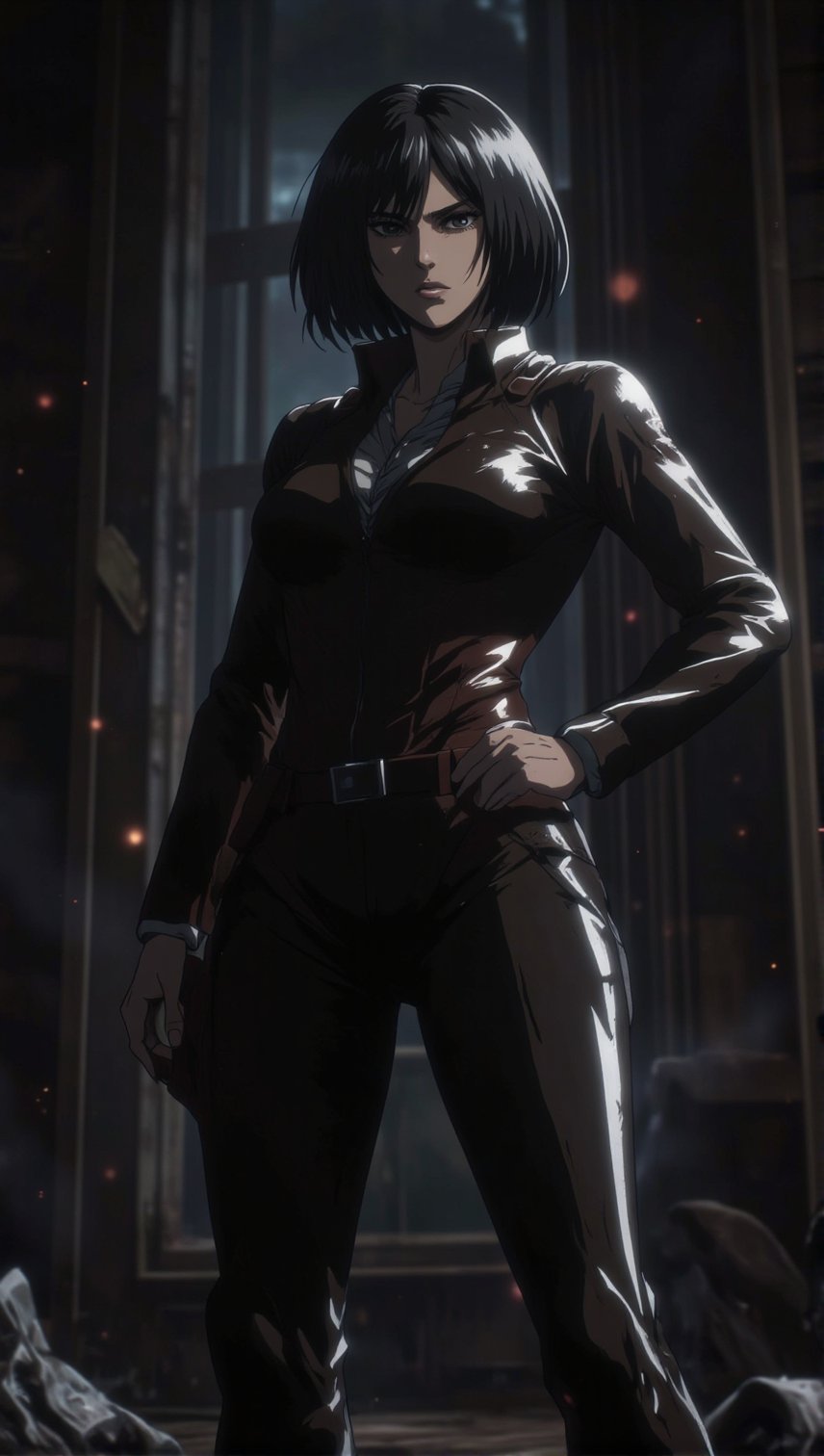 An anime-style image of Mikasa Ackerman from Attack on Titan, standing boldly in tight, form-fitting clothes that emphasize her strong, confident stance. She has a determined expression, exuding power and resilience. The environment around her is dark and intense, with subtle glow effects highlighting her silhouette and features, adding a dramatic and striking contrast. The scene feels moody and intense, with intricate details that bring out her fierce and courageous aura