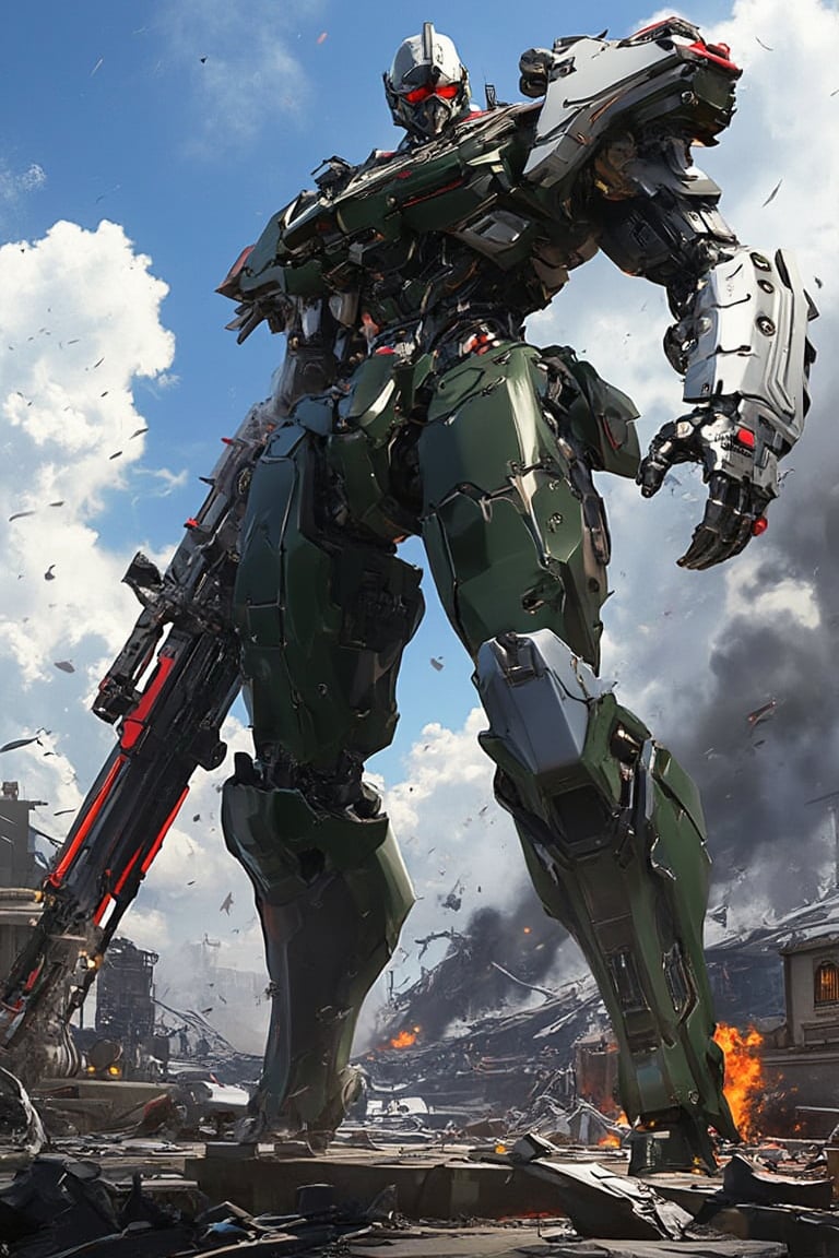 Create an anime-style, human-shaped medium-sized mech standing tall on a battlefield. The mech features heavy armor in a mix of army green and white, with angular, sleek plates detailed with red highlights and glowing parts. It holds a large, futuristic rifle in one hand, exuding power and readiness. The design should emphasize mechanical complexity, with visible joints, pistons, and advanced technology. Smoke, debris, and dynamic lighting surround the scene, giving the sense of an intense, ongoing battle. The lighting should highlight the mech's imposing stature, while the background has a war-torn landscape.