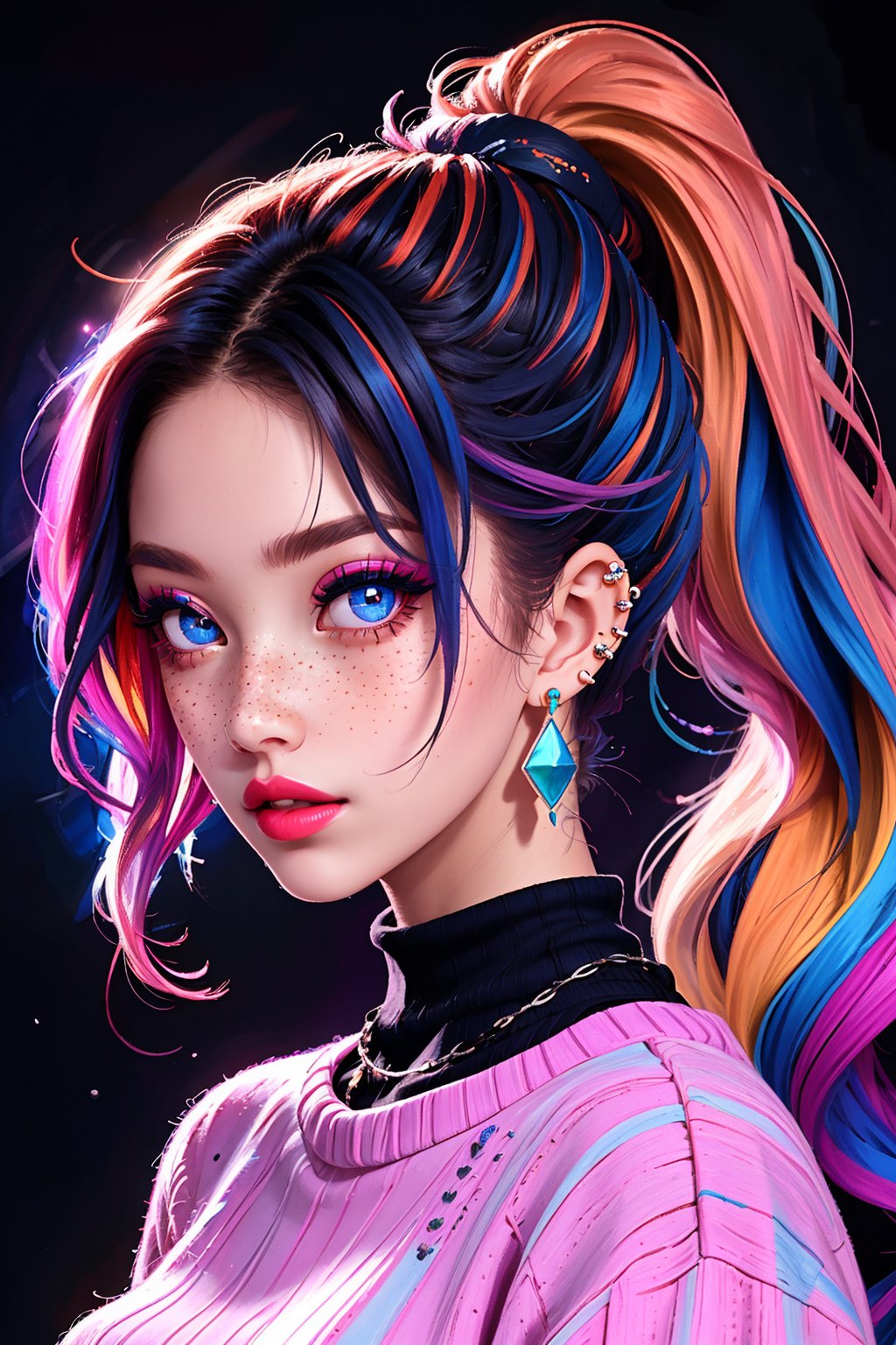 1girl, full view, solo, long hair, looking at viewer, bangs, vibrant eyes, detailed background, jewelry, multi-colored hair, ponytail, earrings, parted lips, glasses, sweater, lips, eyelashes, makeup, turtleneck, piercing, dark background, ear piercing, portrait, freckles, round eyewear, vibrant colors throughout.