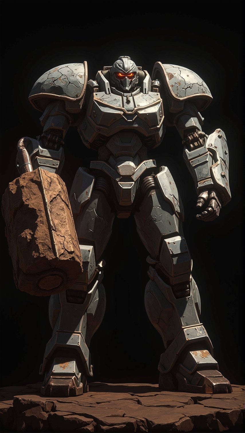 Highly detailed, imposing mecha with one arm replaced by a massive, earth-elemental hammer, featuring rocky textures and cracks with glowing veins to evoke a natural, grounded power. The mecha has intricate metallic armor with layered plating and gears, contrasting with the rugged hammer. Set against a black background with soft, dynamic shadows that give depth and a realistic look. Highlights and reflections accentuate the metallic surfaces, and the hammer appears as if made from rock and soil, embodying the essence of earth.