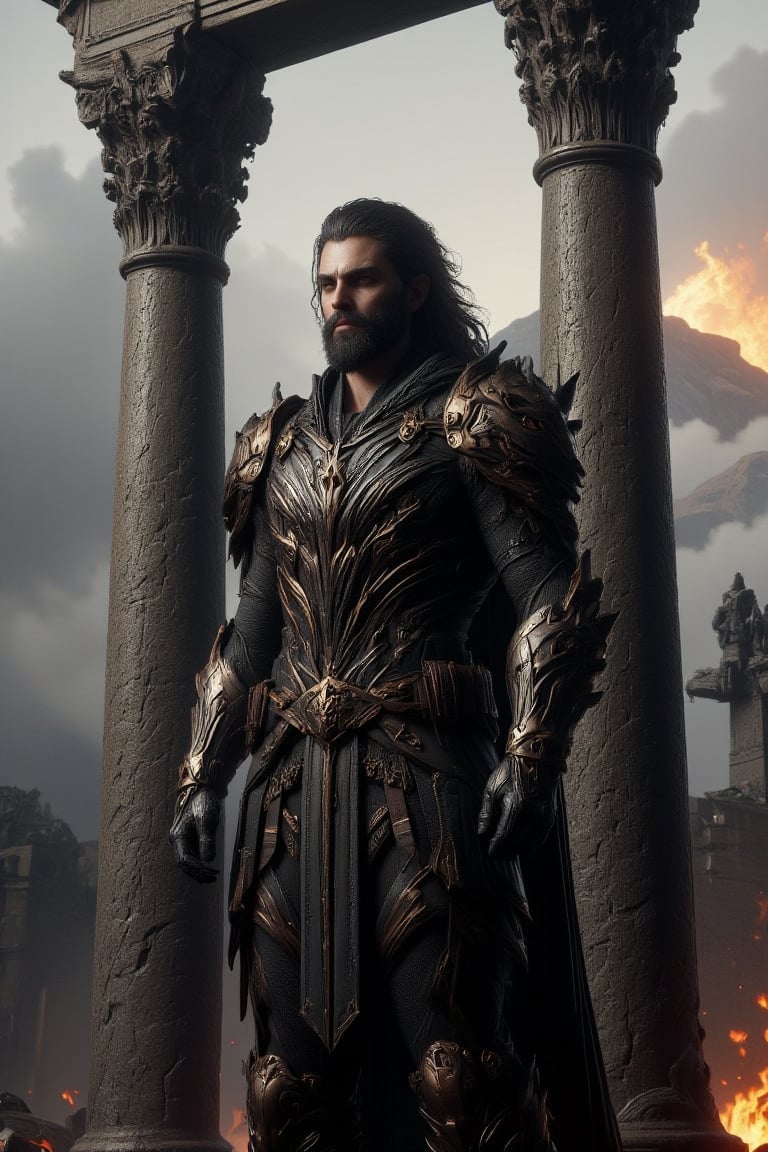  a warrior stands in front of two tall pillars. The warrior is dressed in a black and gold armor, adorned with gold accents. The armor is adorned with a belt, a belt buckle, and a long flowing cape. The man has long, dark brown hair and a dark beard. His facial expression is serious, as if he is ready for a battle. The scene is set against a gray, foggy sky, with a burning mountain in the background,full_body