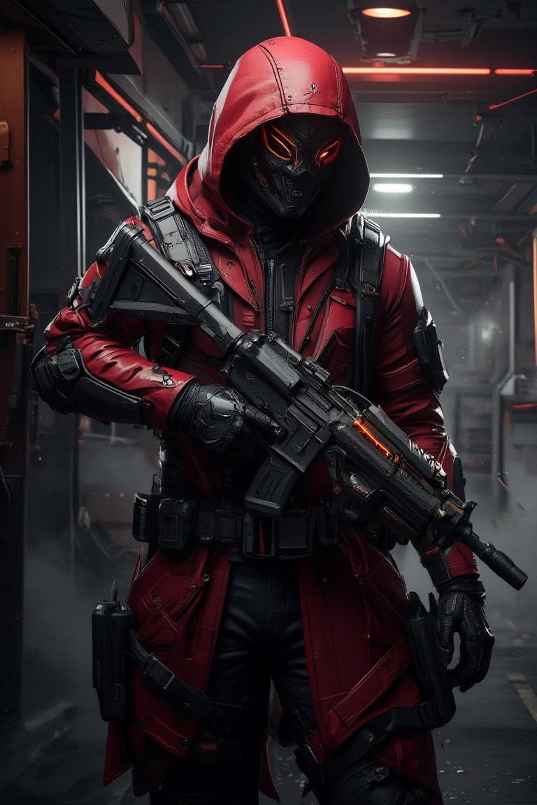 Create a cyberpunk image of a masked figure in a red hooded coat, holding a large, glowing handgun. The character should have a determined expression and be surrounded by a dark, industrial setting with neon lights. Use atmospheric effects like smoke or rain to add to the mood.