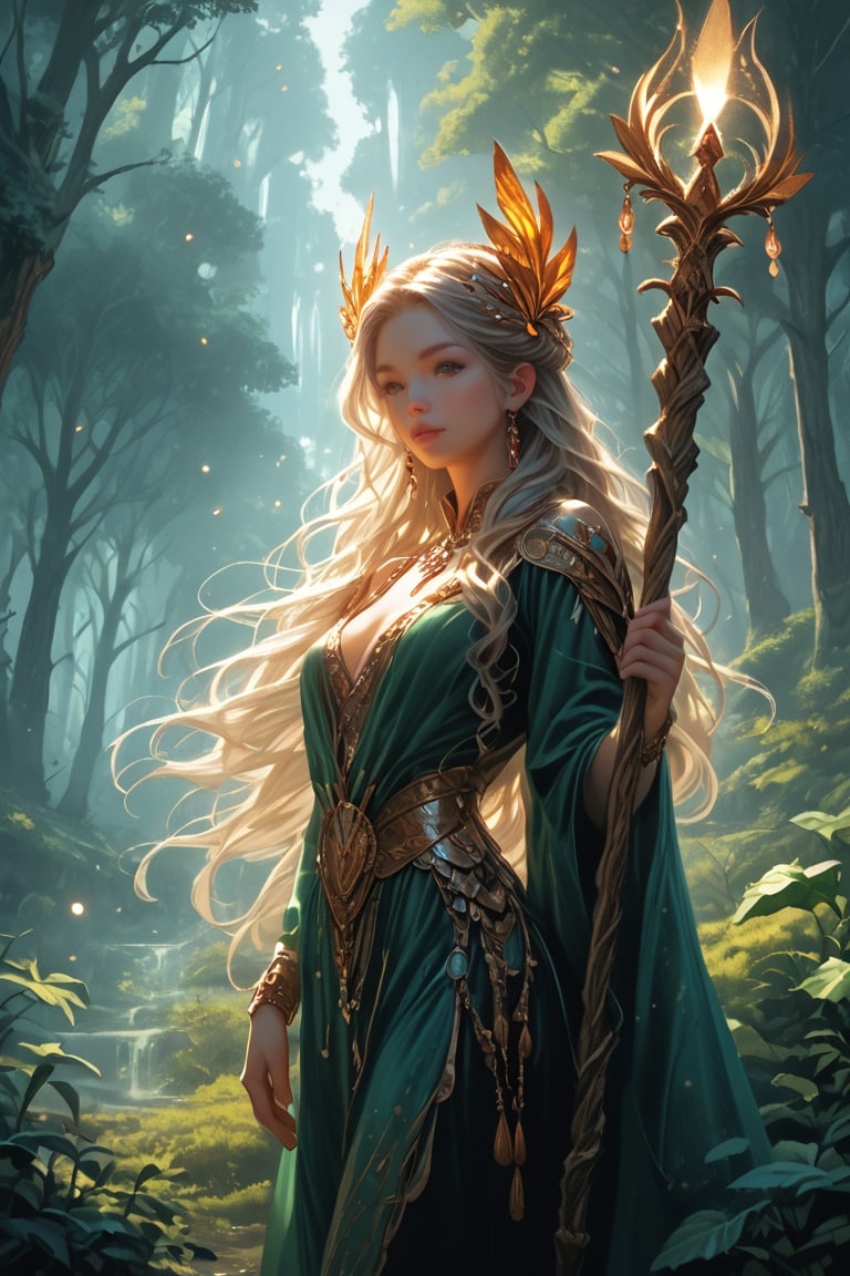 a semi-realistic image of an enchantress in a mystical, detailed forest setting. The enchantress should have an ethereal beauty, with flowing robes adorned with intricate magical symbols. Her hair, long and slightly wind-swept, could be silver or deep black, giving her an aura of mystery. Her eyes should glow faintly, reflecting her magical power. She holds a glowing staff or ancient book in her hand, surrounded by swirling magical energy. The forest around her is dense, with towering ancient trees, glowing plants, and mist hanging in the air, enhancing the magical atmosphere. Soft, natural lighting highlights both the enchantress and her surroundings, giving the scene a mystical and serene feel, with vivid details on the foliage and magical elements.